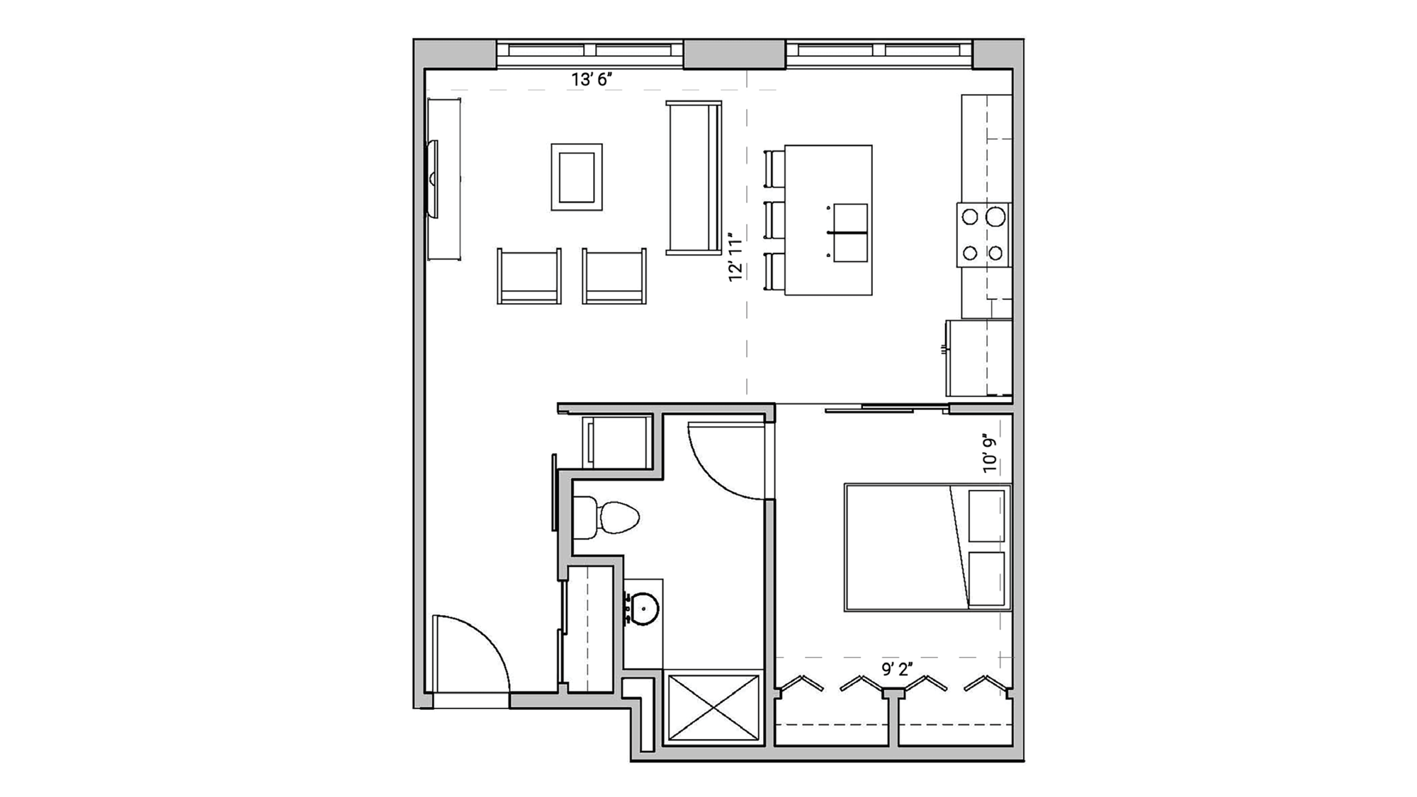 ULI Seven27 112 - One Bedroom,  One Bathroom Floor Plan 