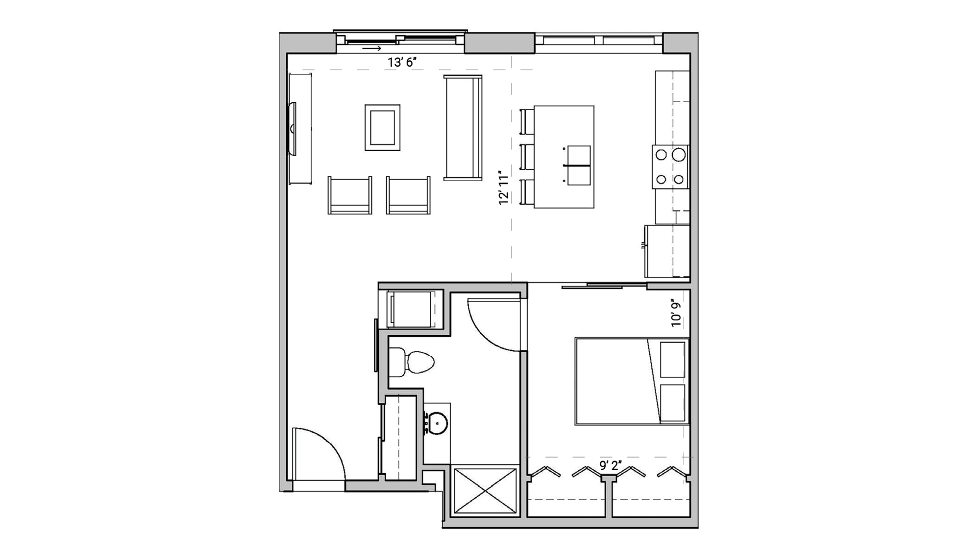 ULI Seven27 212 - One Bedroom, One Bathroom Floor Plan 