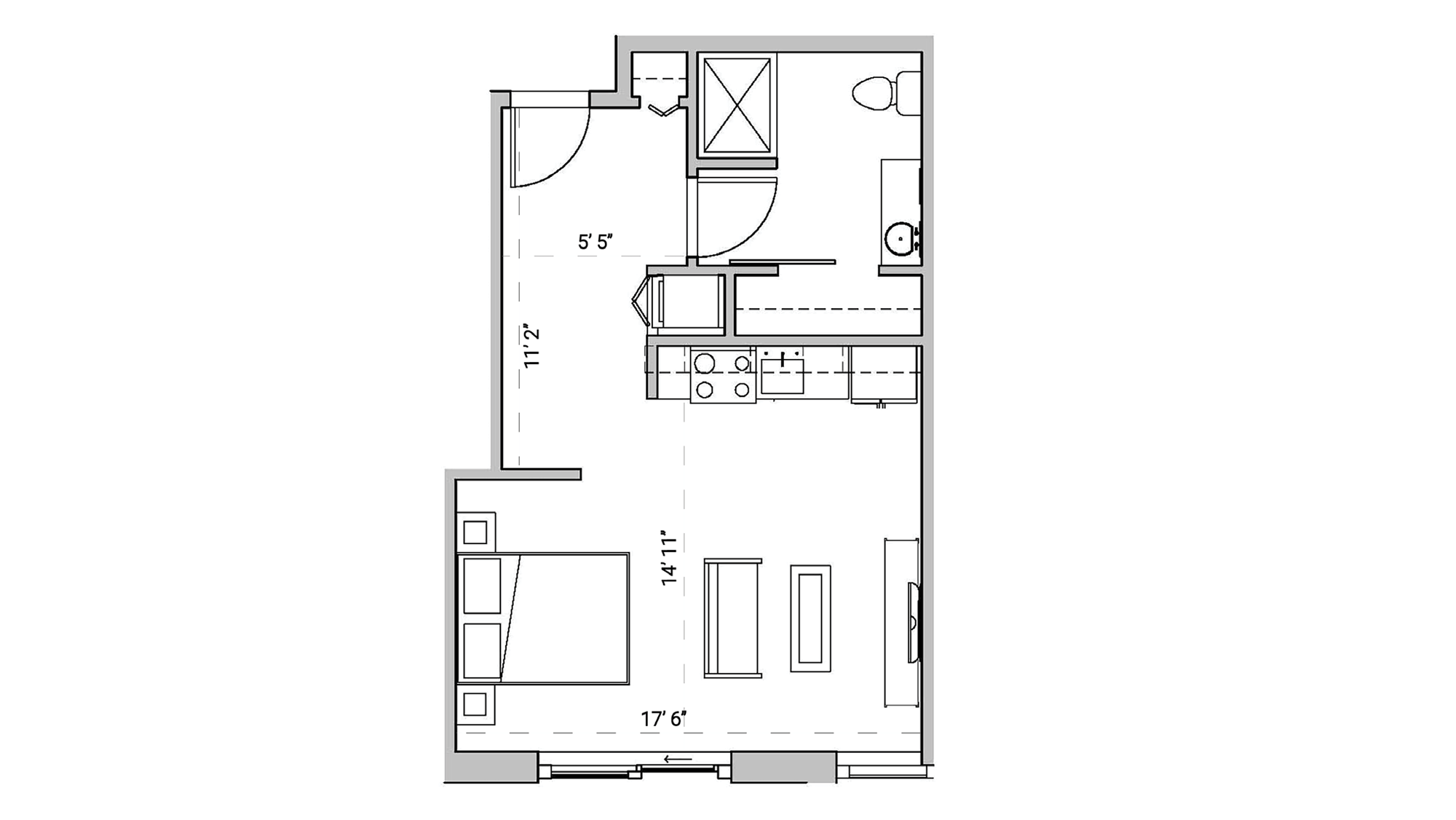 ULI Seven27 238 - Studio, One Bathroom Floor Plan 