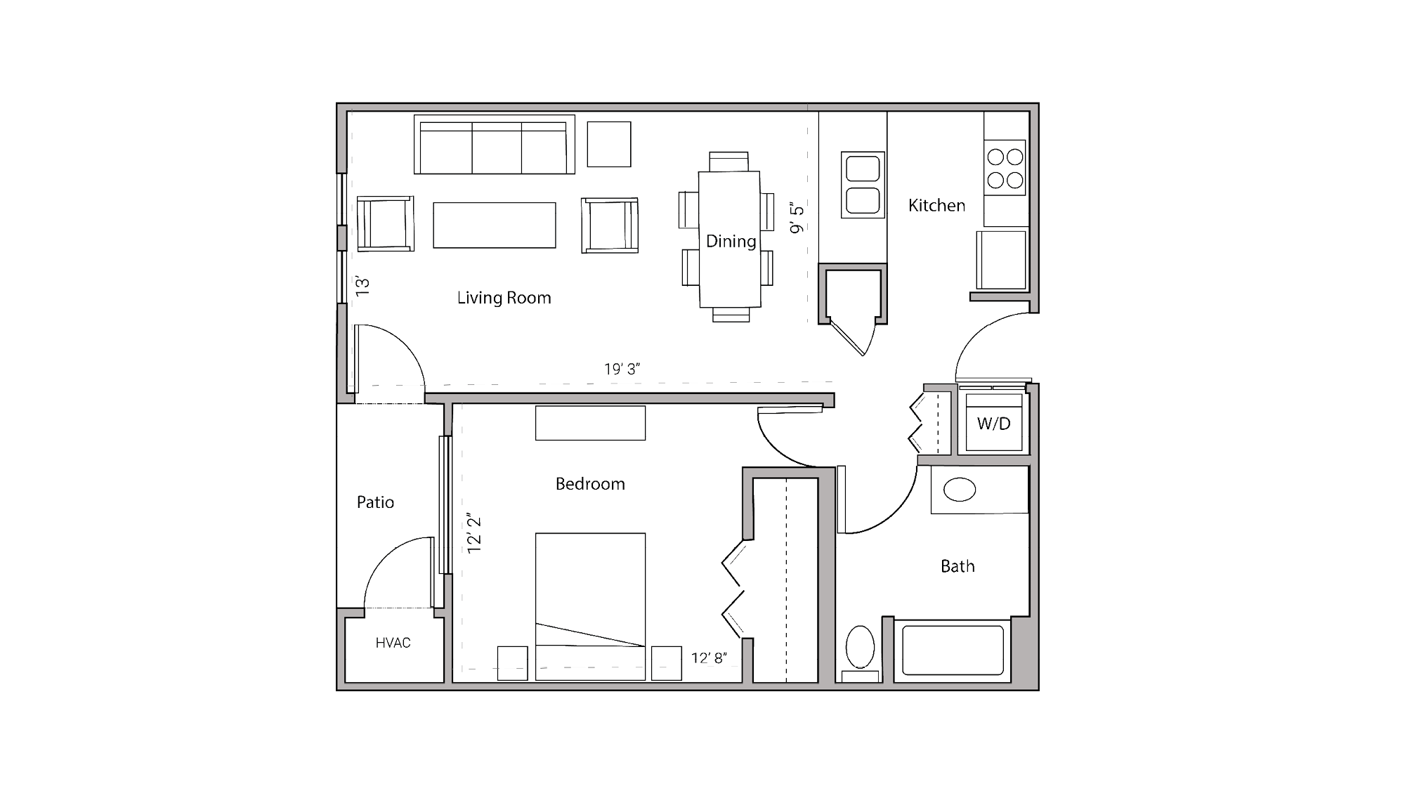 ULI City Place 105 - One Bedroom, One Bathroom Floor Plan 