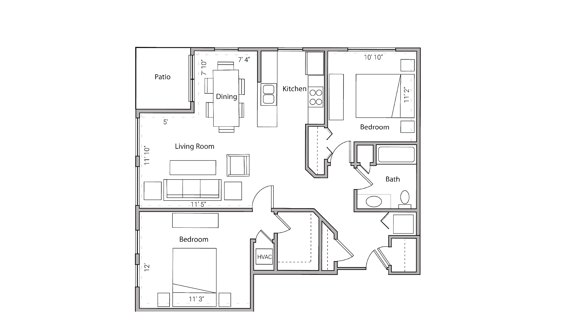 ULI City Place 107 - Two Bedroom, One Bathroom Floor Plan 
