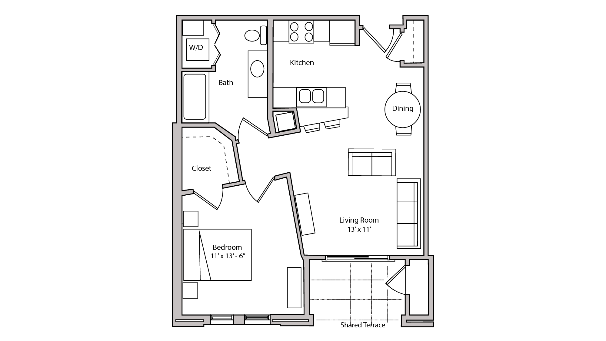 ULI The Depot 1-214 - One Bedroom, One Bathroom Floor Plan 