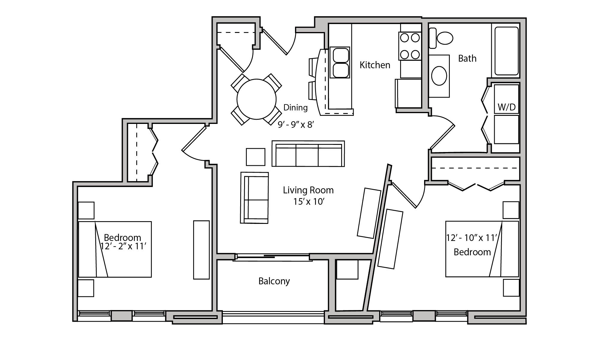 ULI The Depot 2-208 - Two Bedroom, One Bathroom Floor Plan 