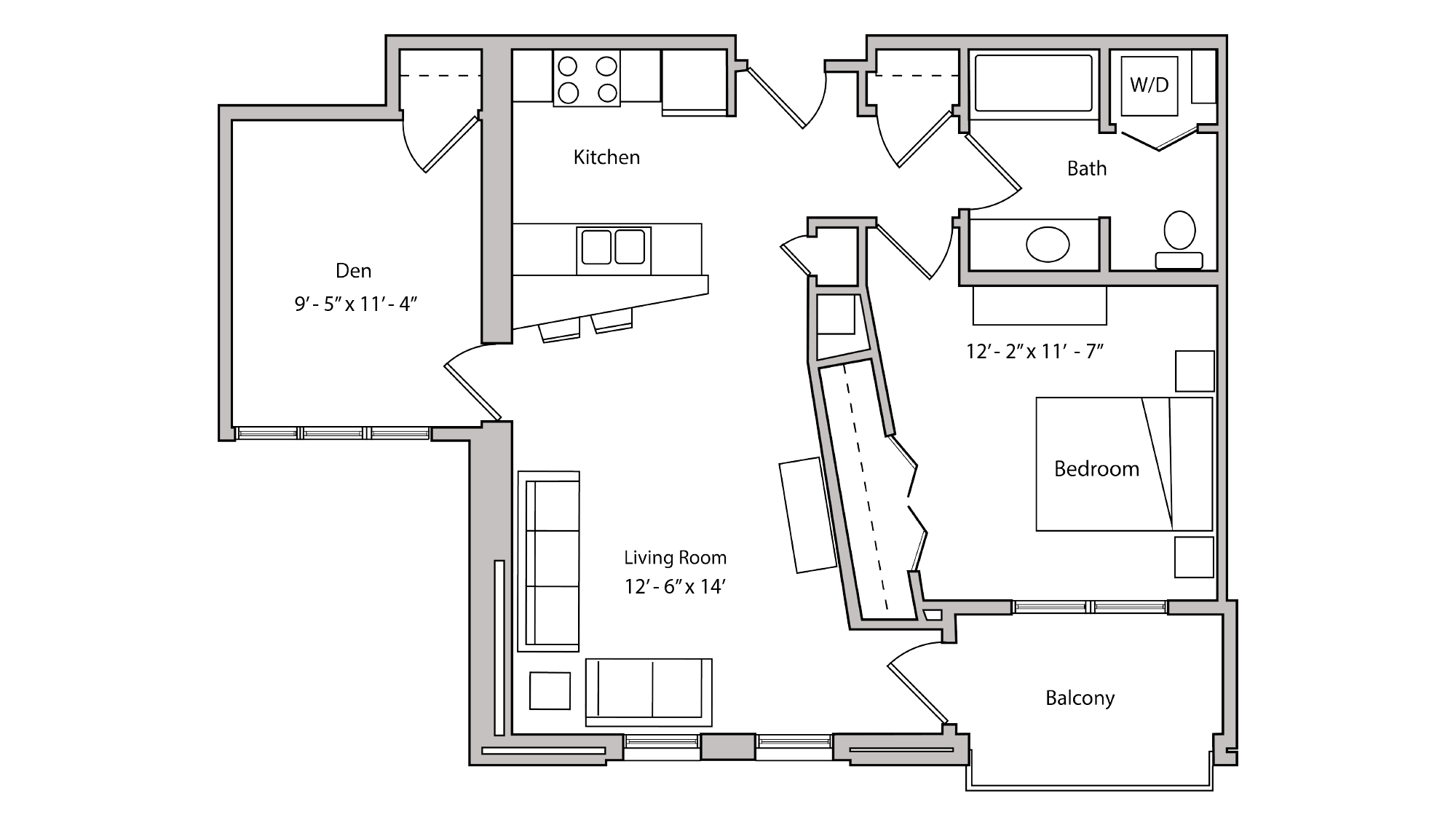 ULI The Depot 2-302 - One Bedroom Plus Den, One Bathroom Floor Plan 