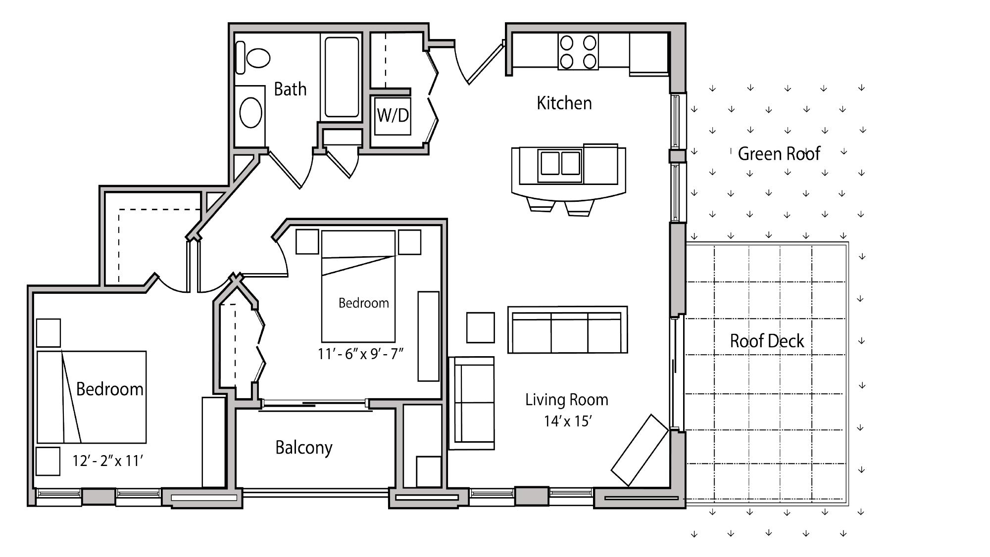 ULI The Depot 2-410 - Two Bedroom, One Bathroom Floor Plan 
