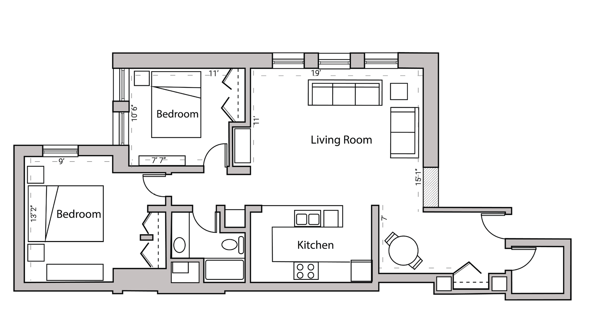 ULI Lincoln School 101 - Two Bedroom, One Bathroom Floor Plan 