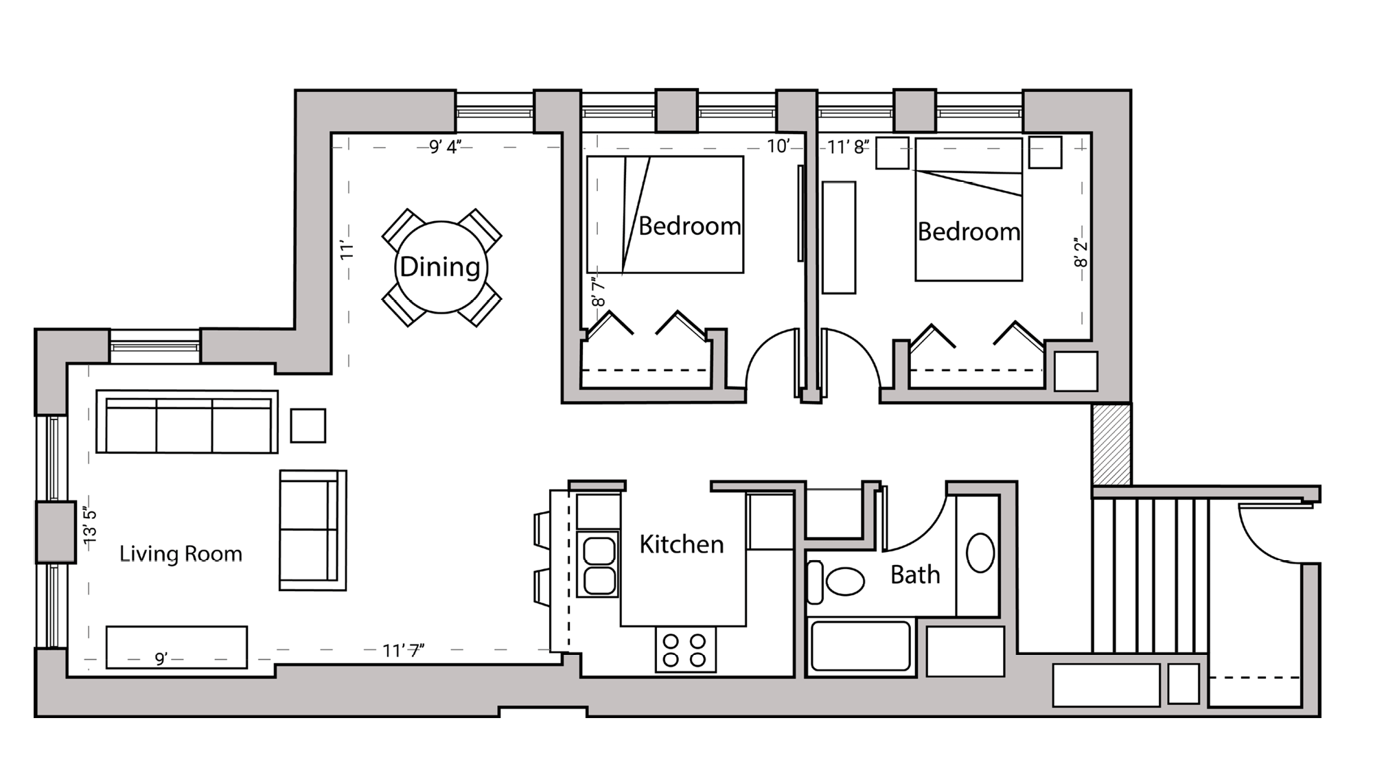 ULI Lincoln School 201 - Two Bedroom, One Bathroom Floor Plan 