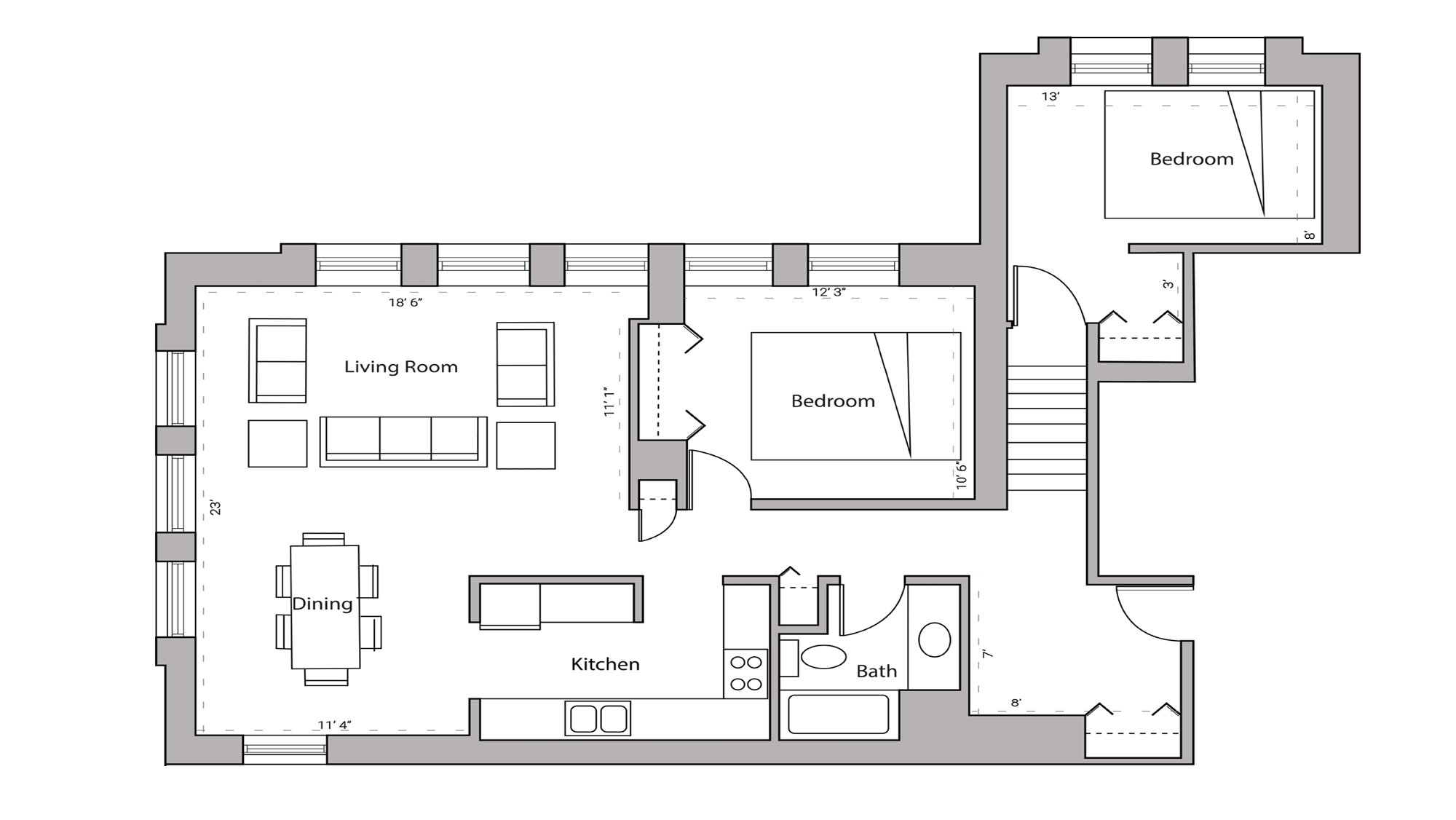 ULI Lincoln School 401 - Two Bedroom, One Bathroom Floor Plan 