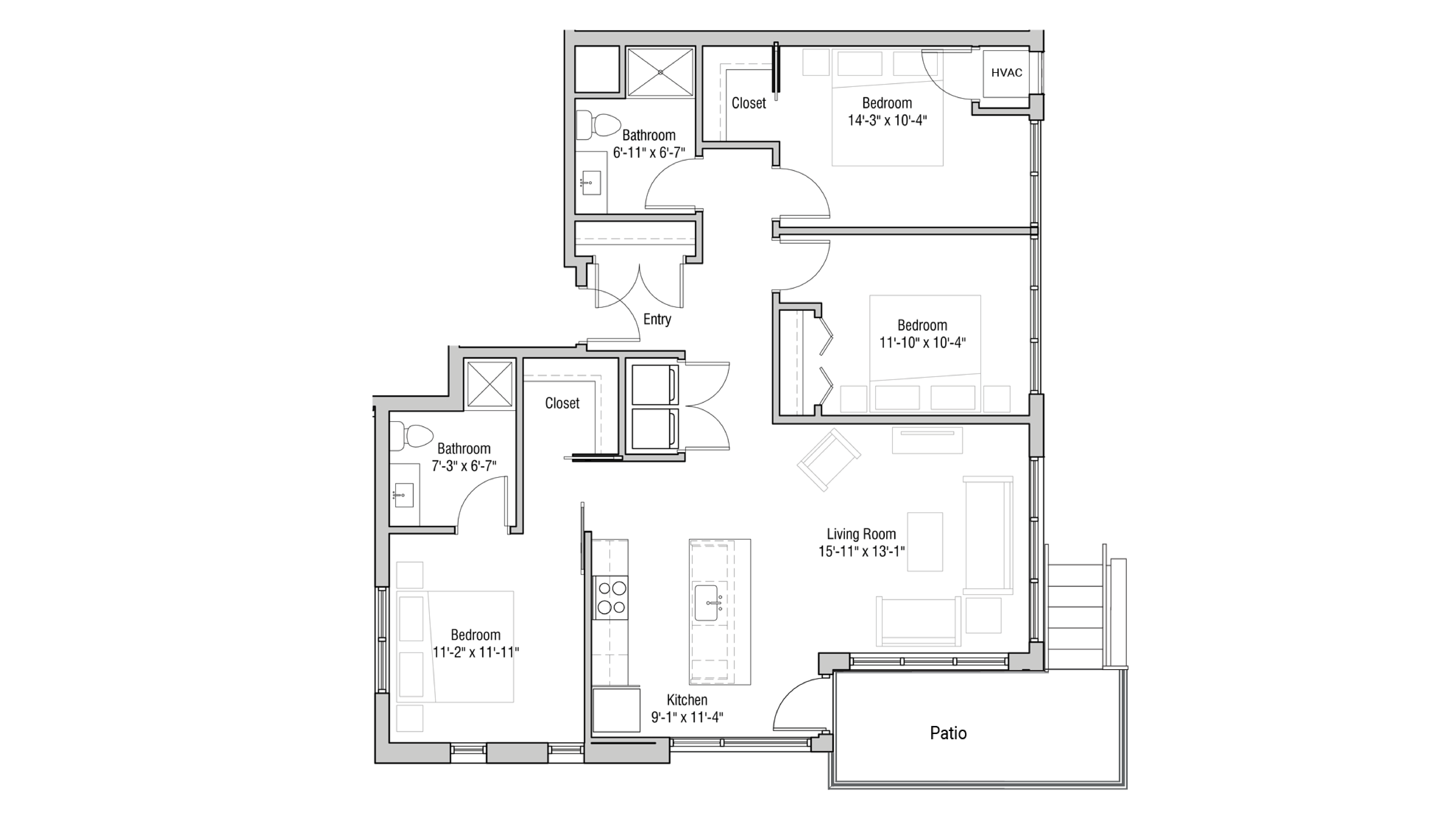 ULI Quarter Row 101 - Three Bedroom, Two Bathroom Floor Plan 