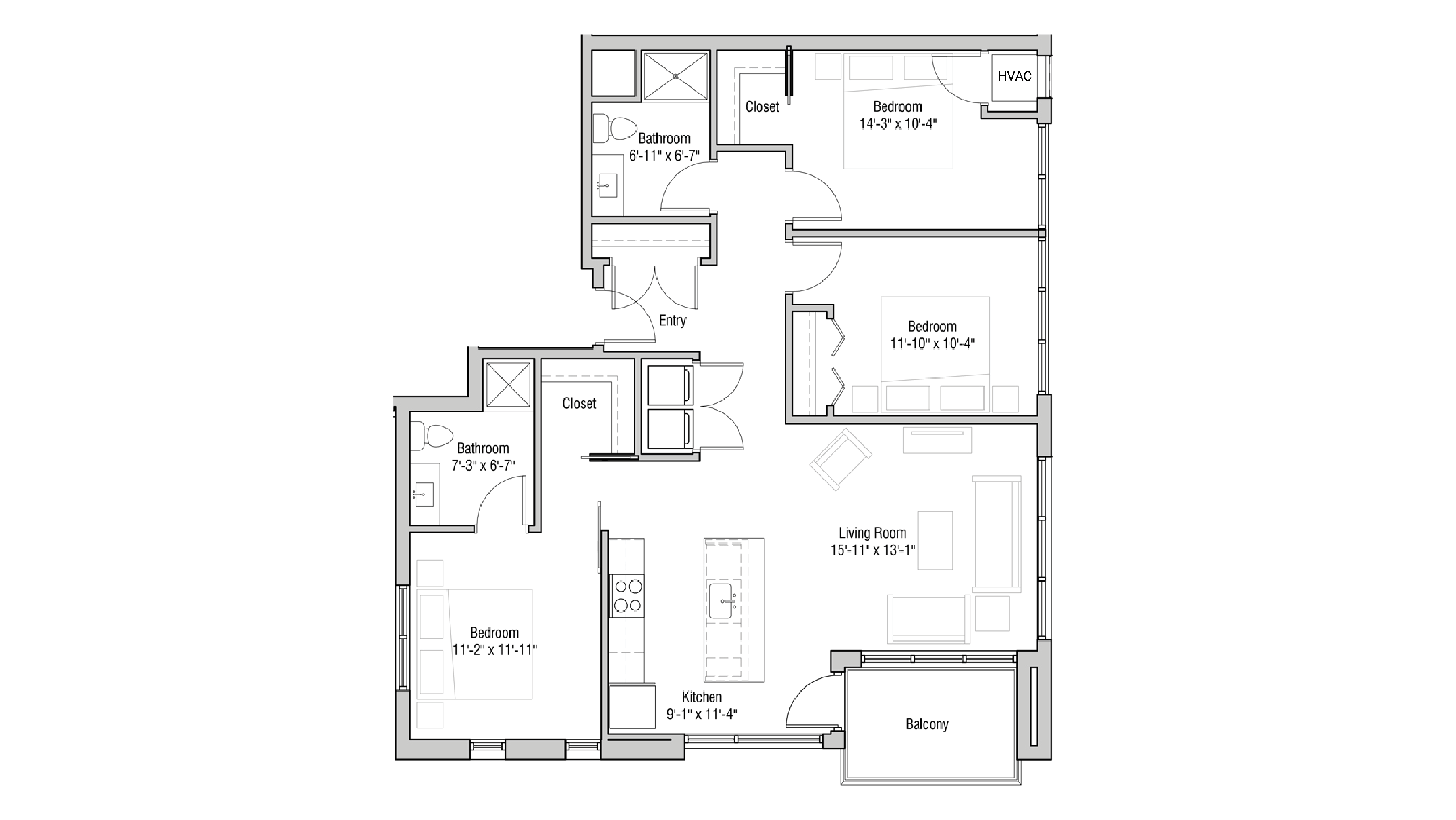 ULI Quarter Row 401 - Three Bedroom, Two Bathroom Floor Plan 