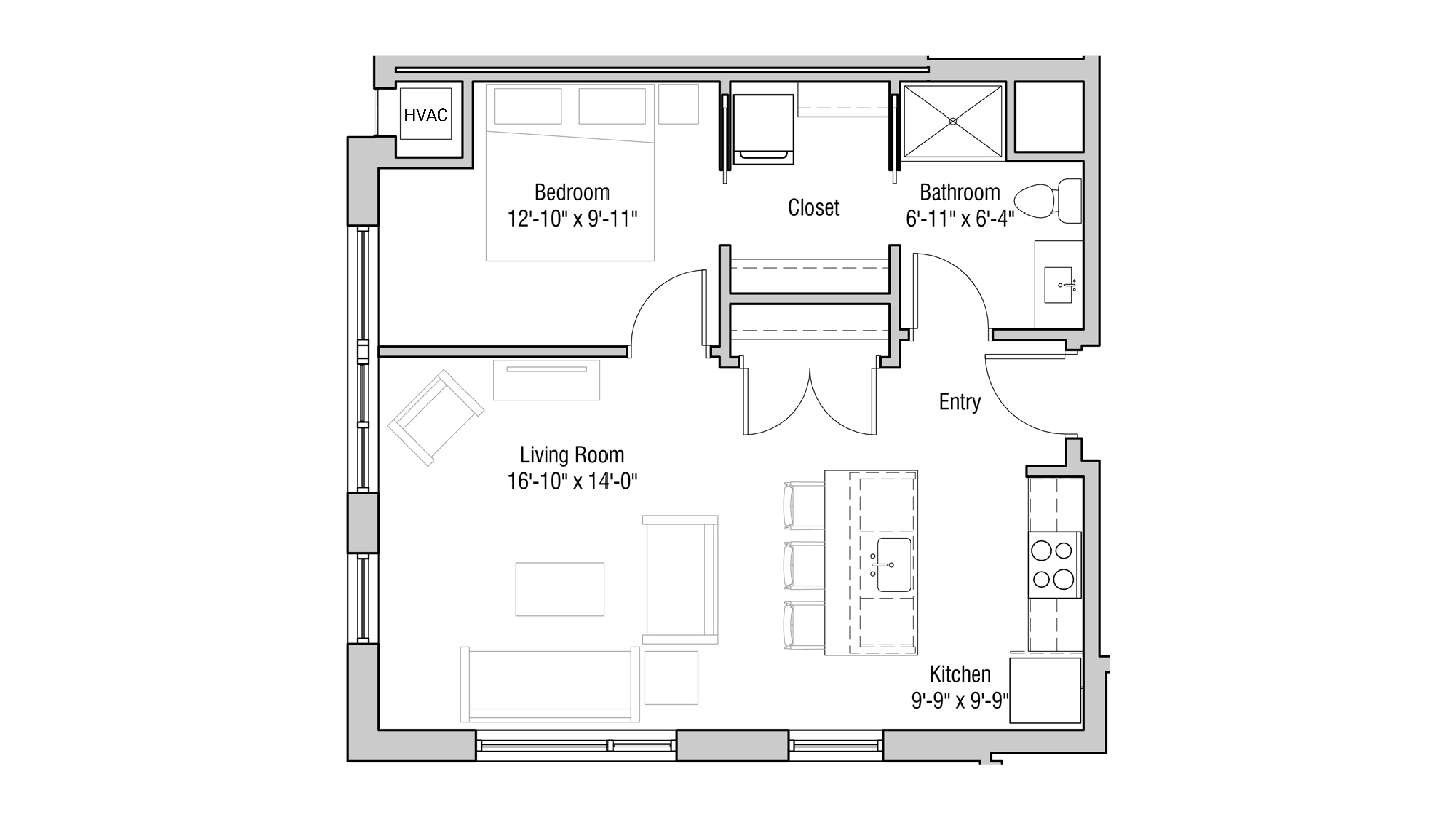 ULI Quarter Row 302 - One Bedroom, One Bathroom Floor Plan 