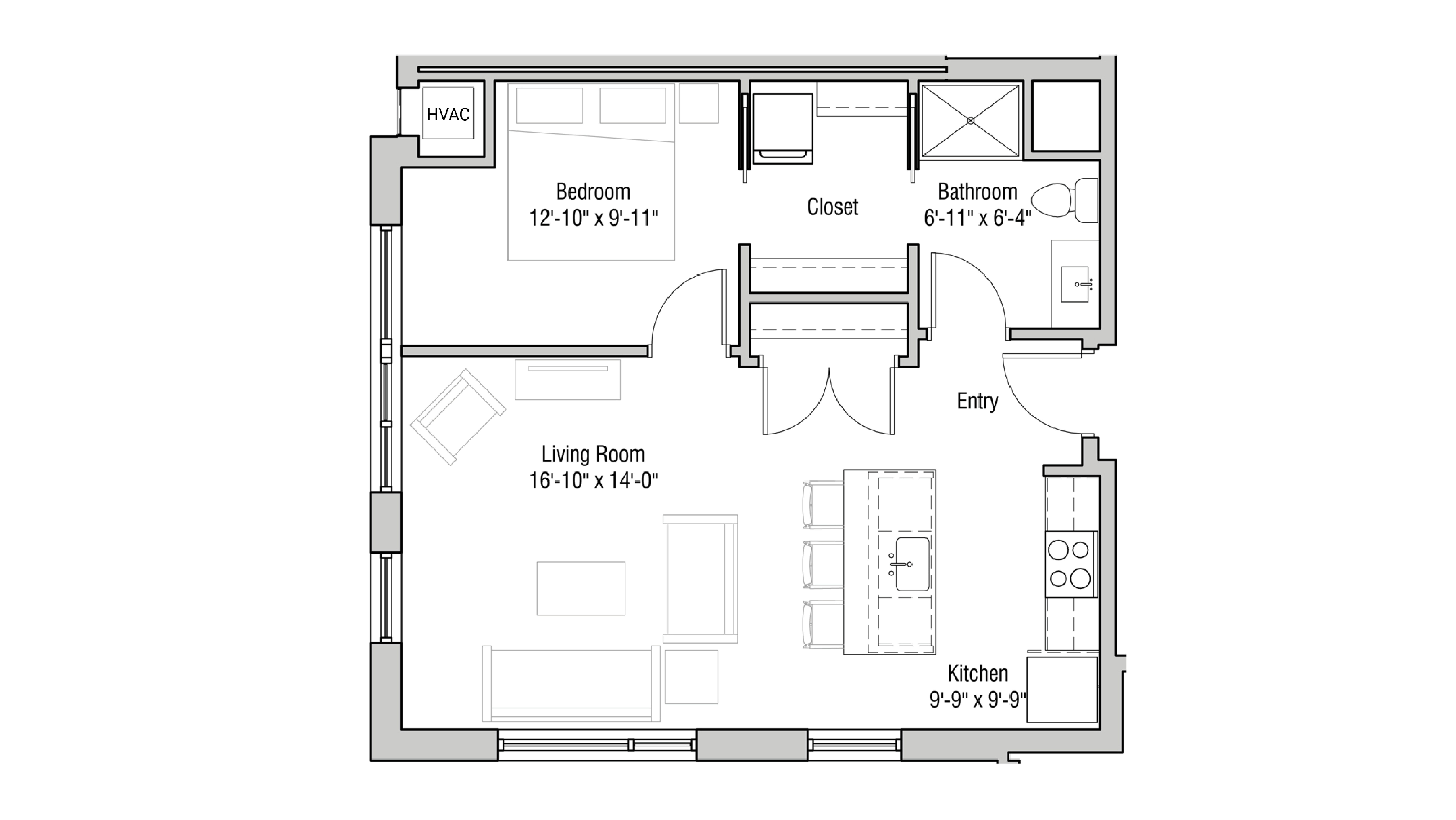 ULI Quarter Row 402 - One Bedroom, One Bathroom Floor Plan 