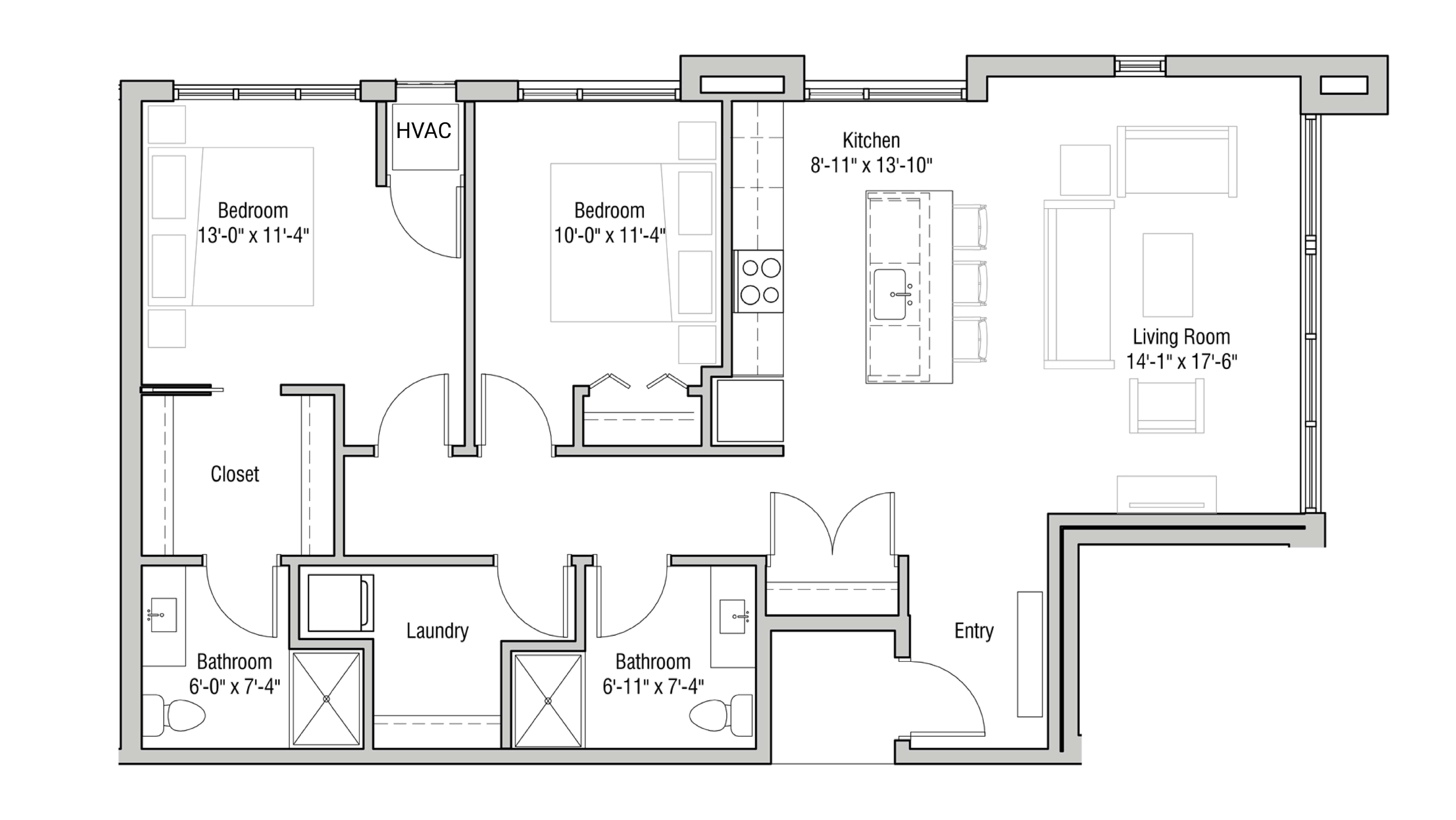 ULI Quarter Row 215 - Two Bedroom, Two Bathroom Floor Plan 