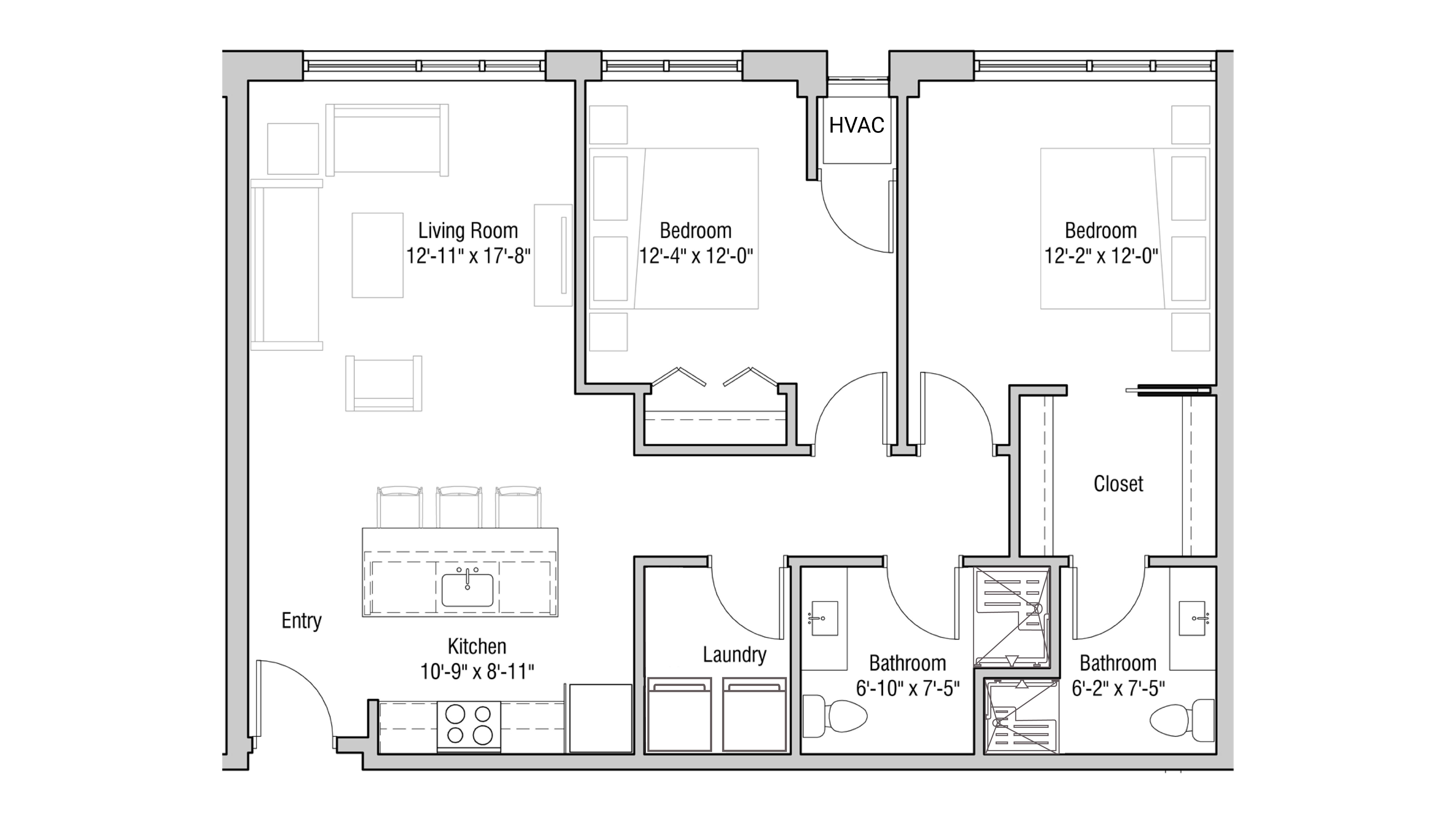 ULI Quarter Row 217 - Two Bedroom, Two Bathroom Floor Plan 