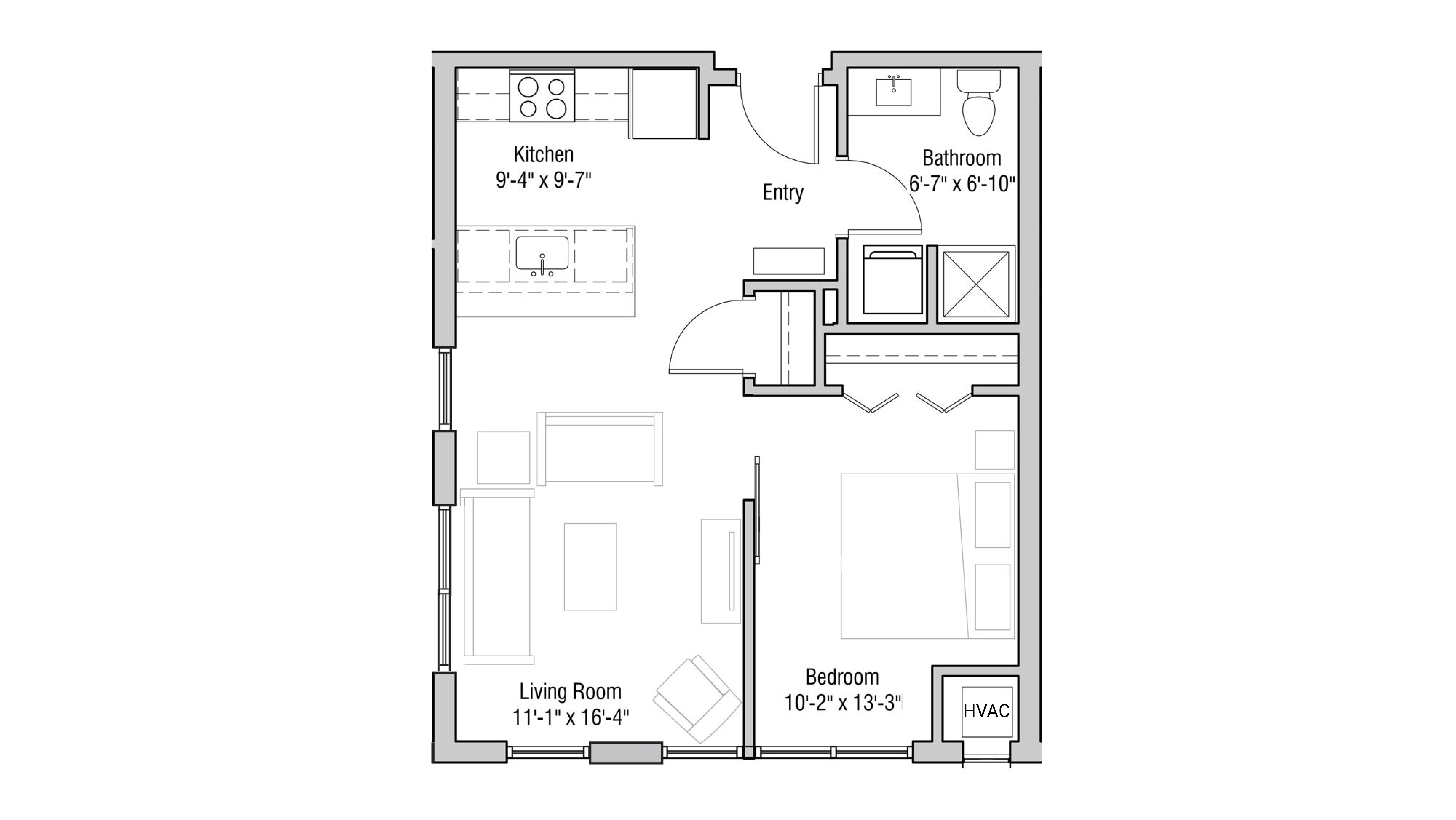 ULI Quarter Row 226 - One Bedroom, One Bathroom Floor Plan 