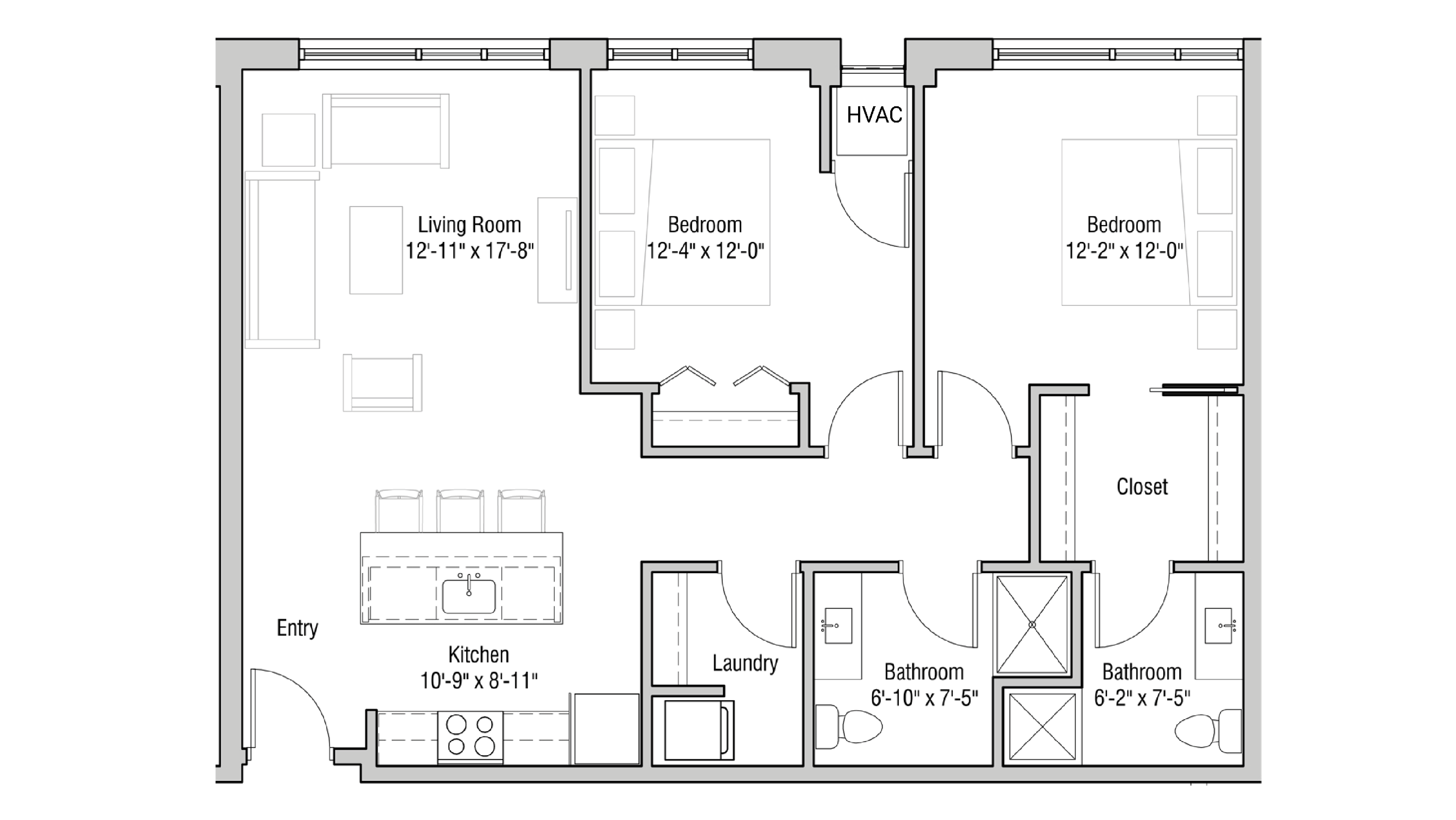ULI Quarter Row 317 - Two Bedroom, Two Bathroom Floor Plan 
