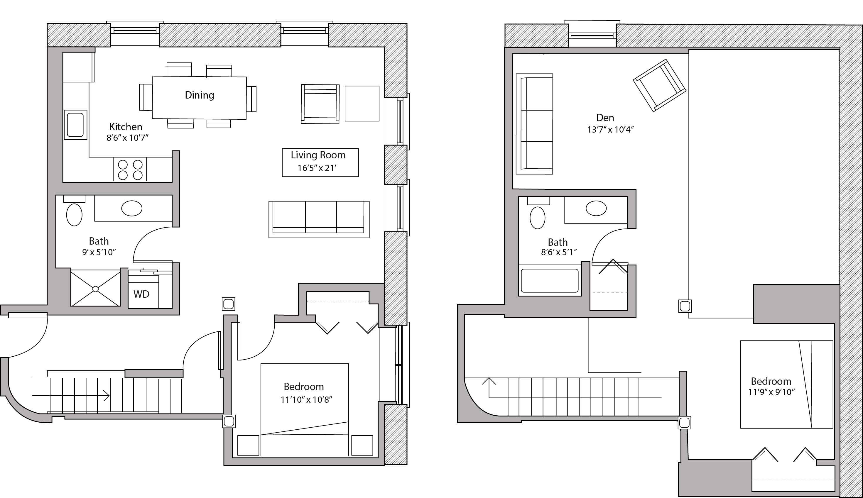 ULI Tobacco Lofts E201 - Two Bedroom Plus Den, Two Bathroom Floor Plan 