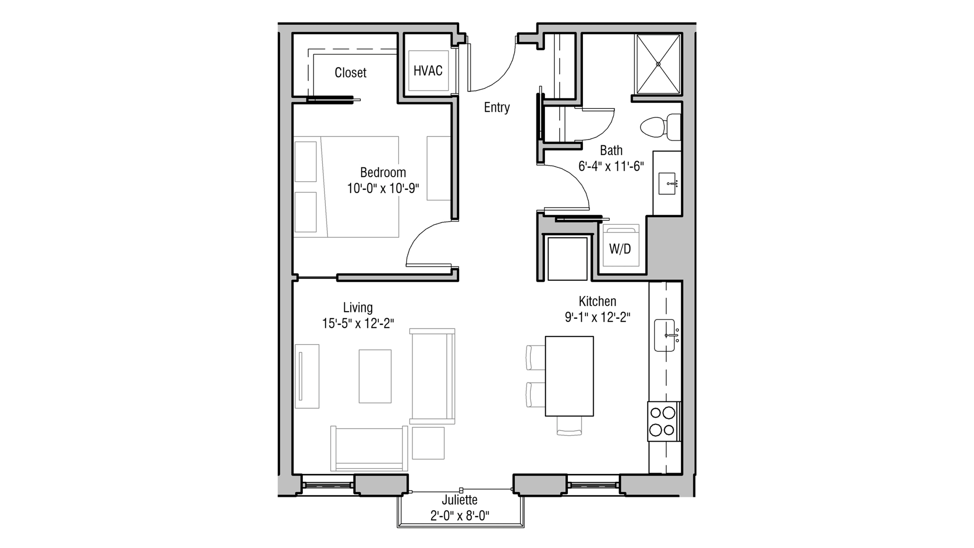 ULI 1722 Monroe 207 - One Bedroom, One Bathroom Floor Plan 