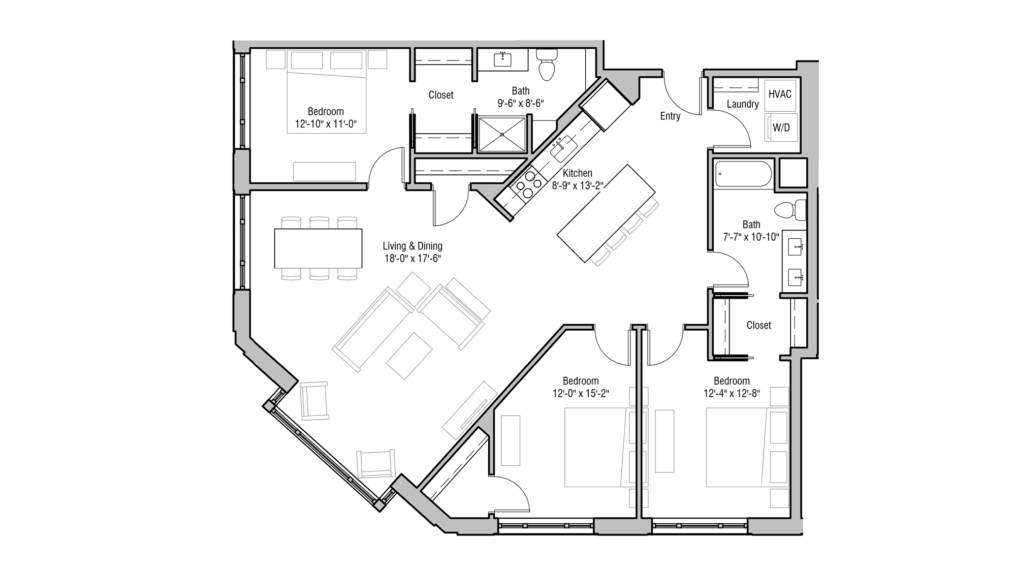 ULI 1722 Monroe 219 - Three Bedroom, Two Bathroom Floor Plan 