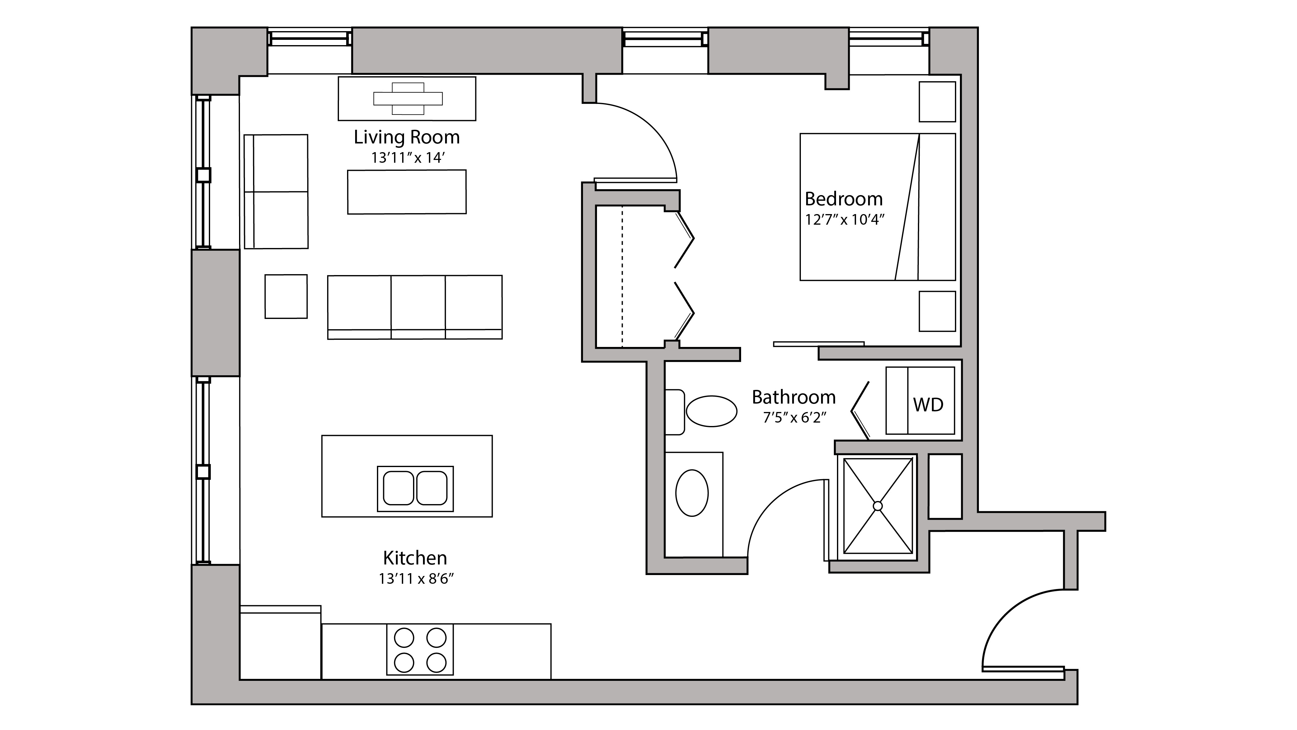 ULI Capitol Hill 307 - One Bedroom, One Bathroom Floor Plan 