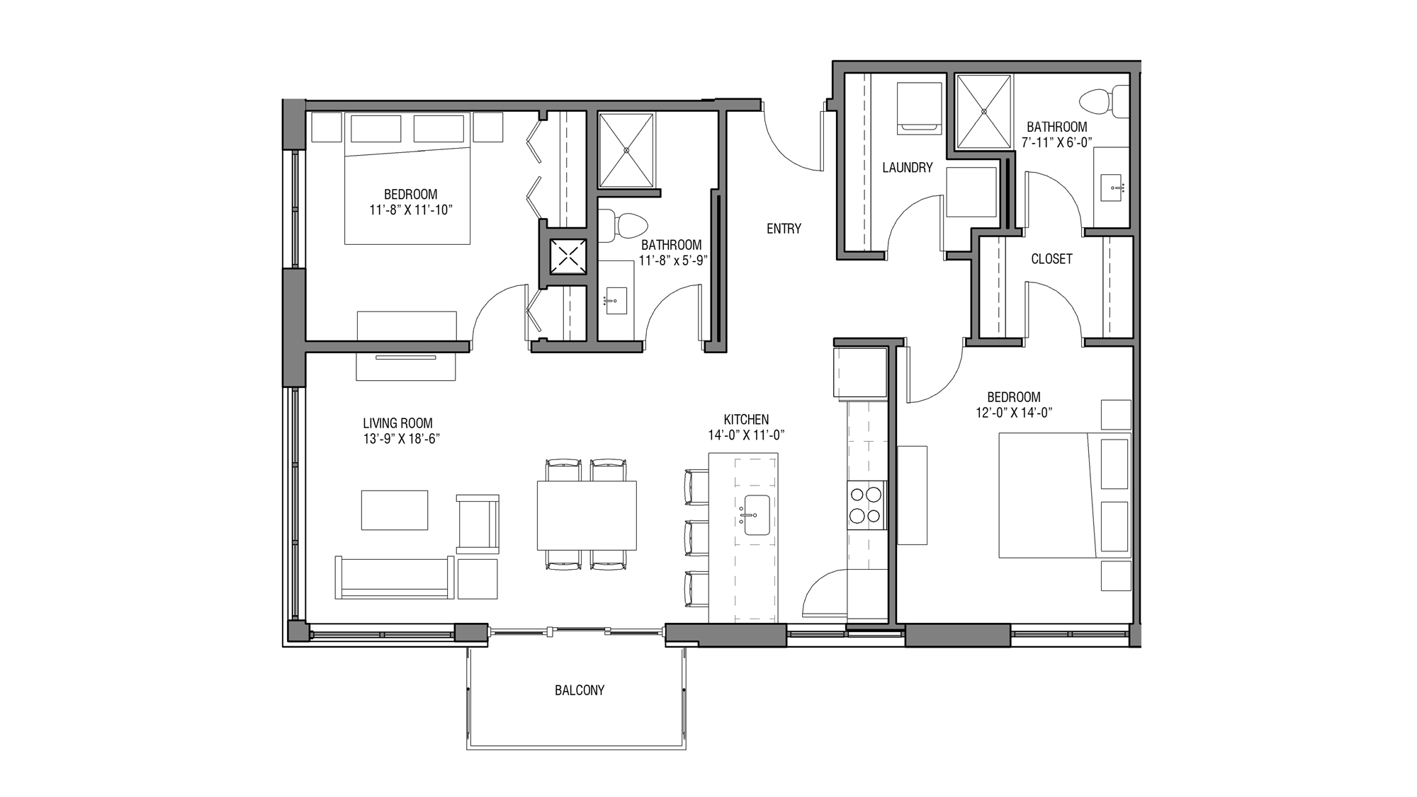 ULI Nine Line 214 - Two Bedroom, Two Bathroom Floor Plan 