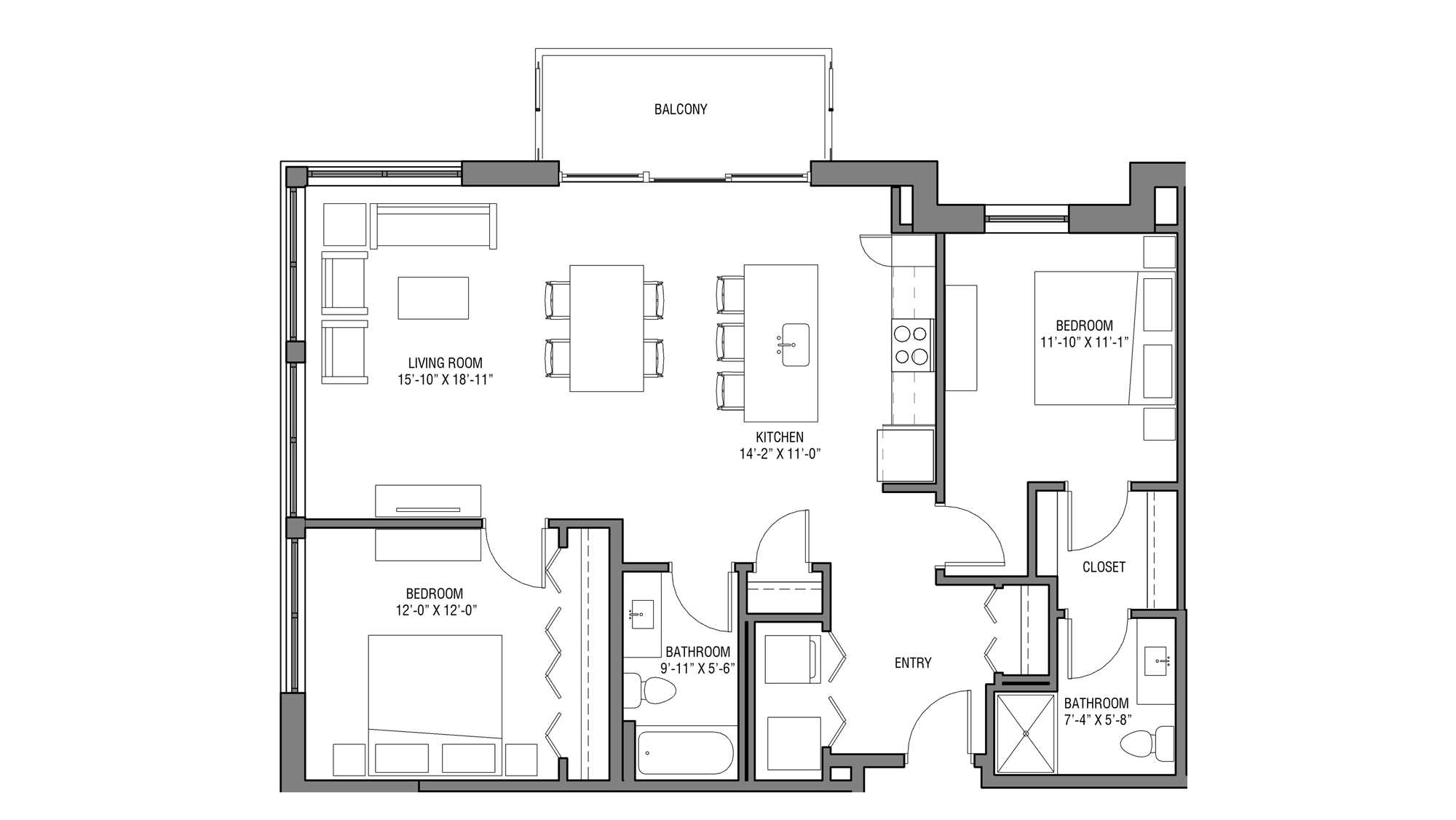 ULI Nine Line 226 - Two Bedroom, Two Bathroom Floor Plan 