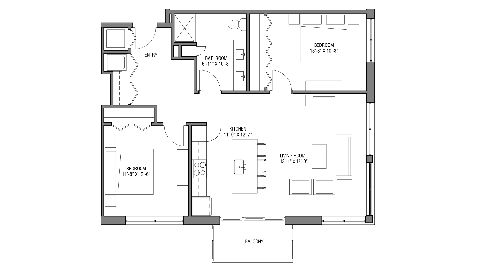 ULI Nine Line 305 - Two Bedroom, One Bathroom Floor Plan 