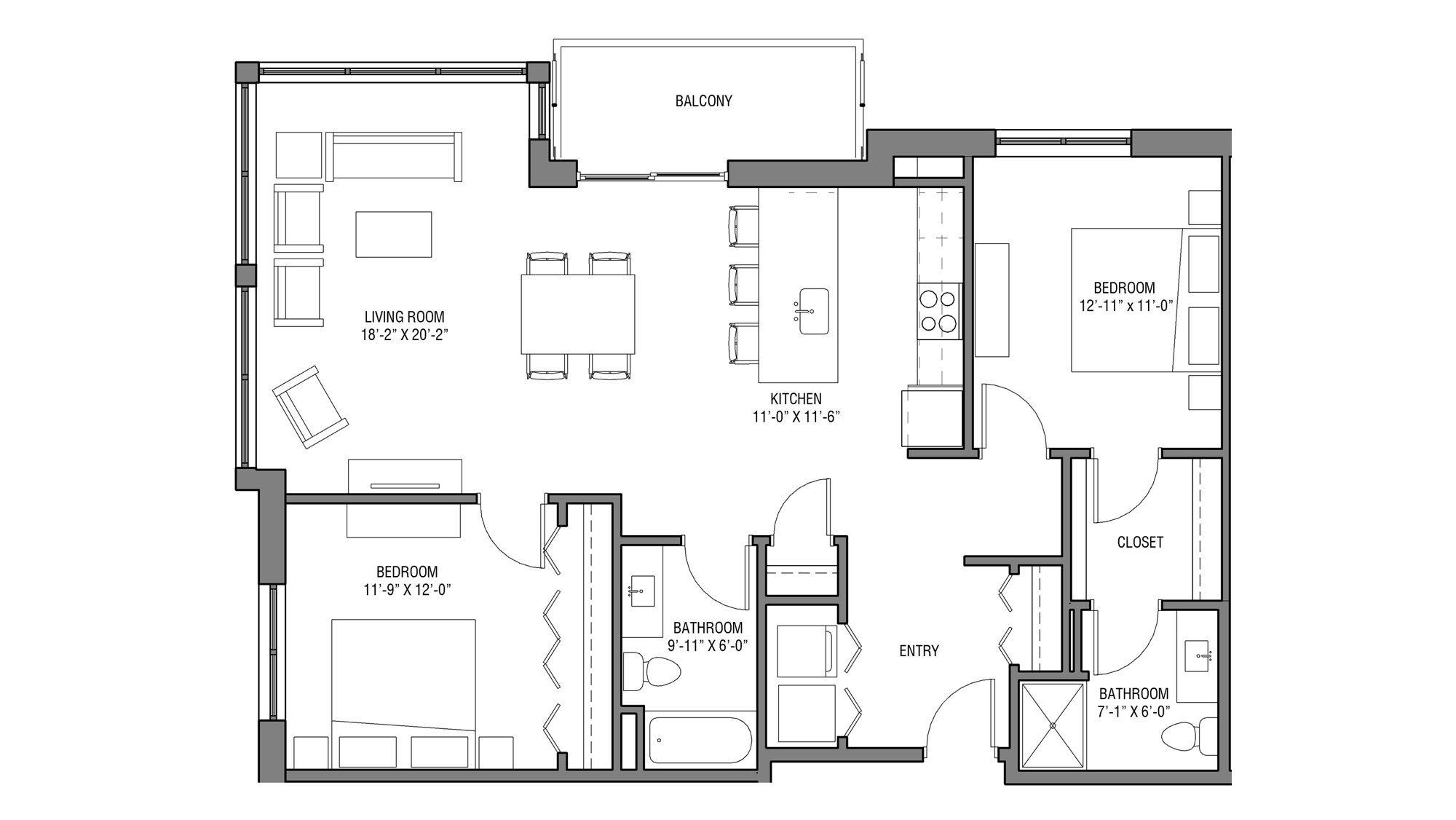 ULI Nine Line 403 - Two Bedroom, Two Bathroom Floor Plan 