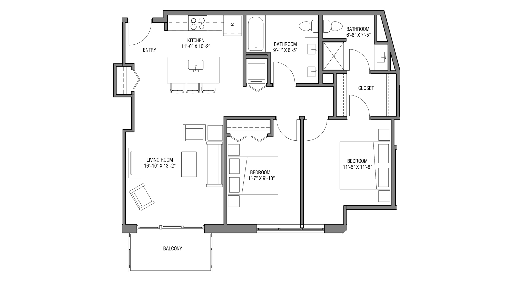 ULI Nine Line 415 - Two Bedroom, Two Bathroom Floor Plan 