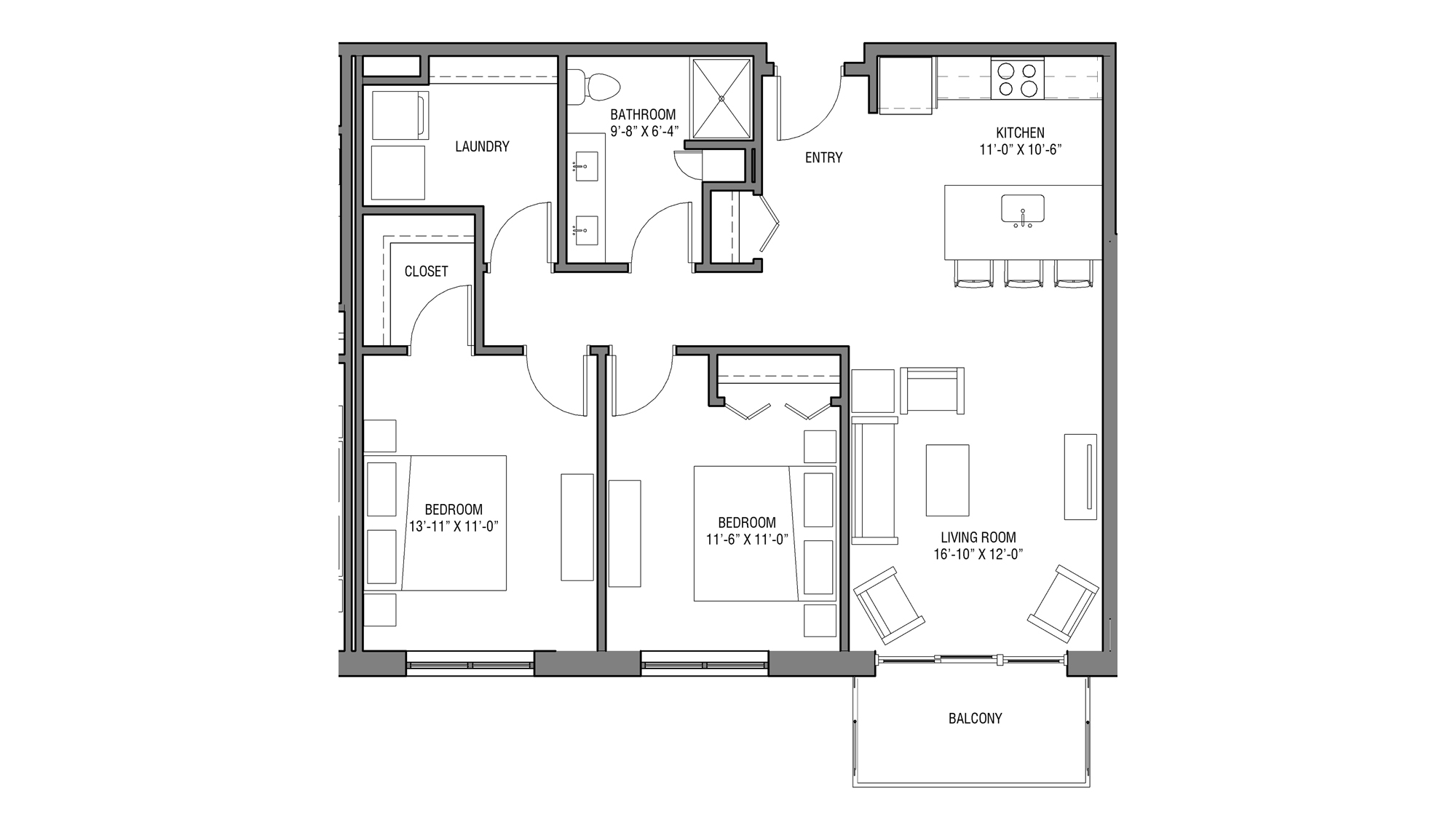 ULI Nine Line 424 -Two Bedroom, One Bathroom Floor Plan 