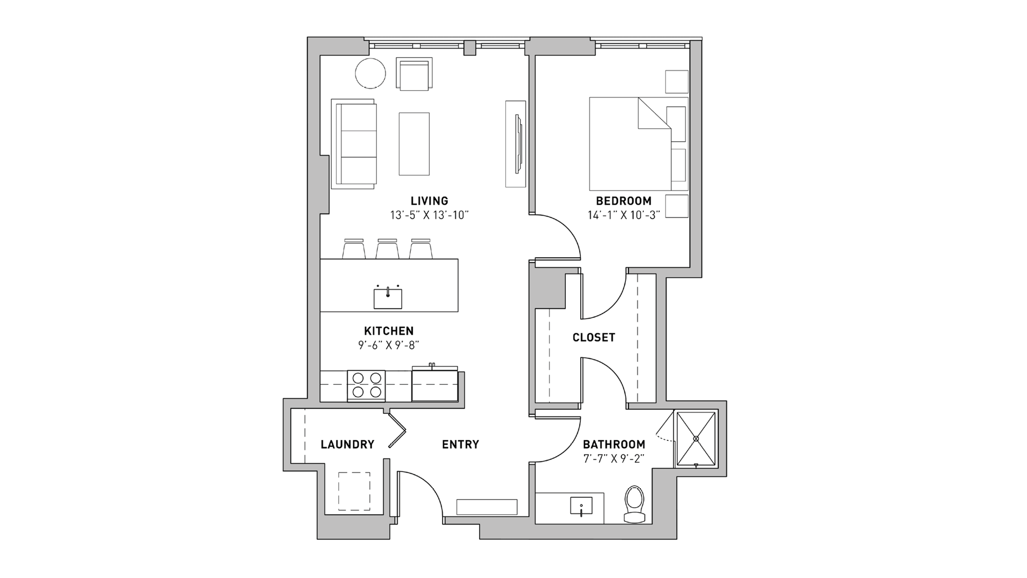 ULI The Pressman 203 - One Bedroom, One Bathroom Floor Plan 