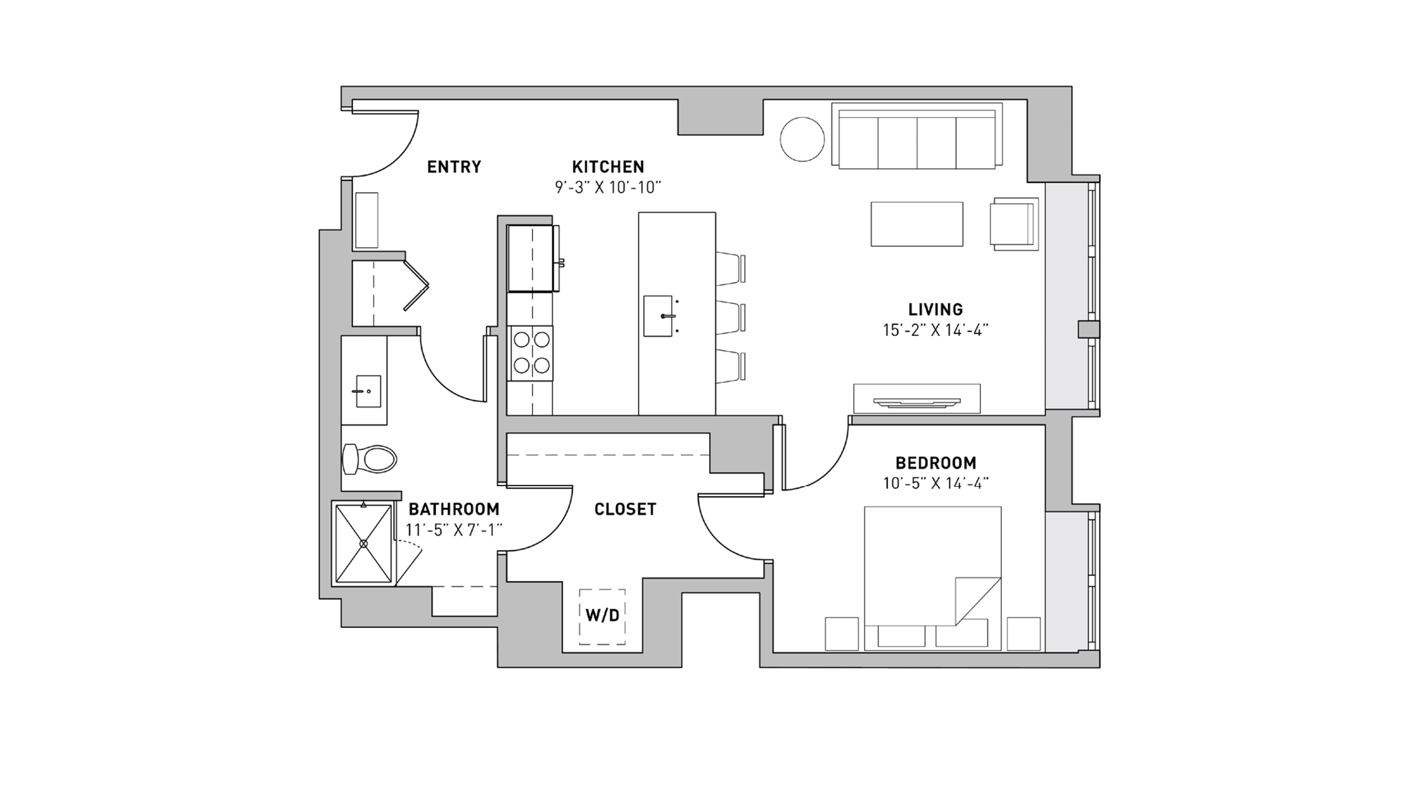 ULI The Pressman 211 - One Bedroom, One Bathroom Floor Plan 