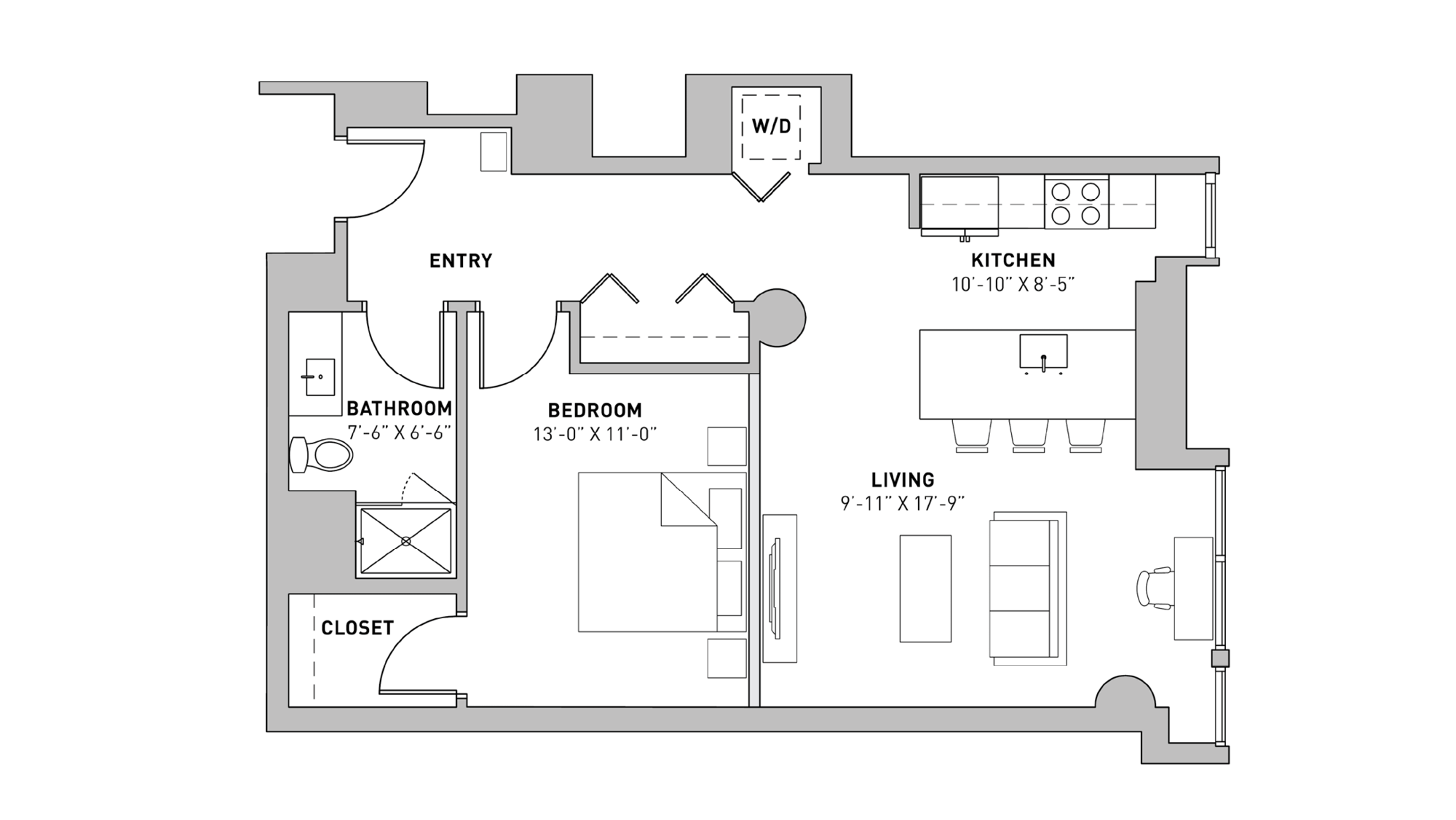 ULI The Pressman 213 - One Bedroom, One Bathroom Floor Plan 