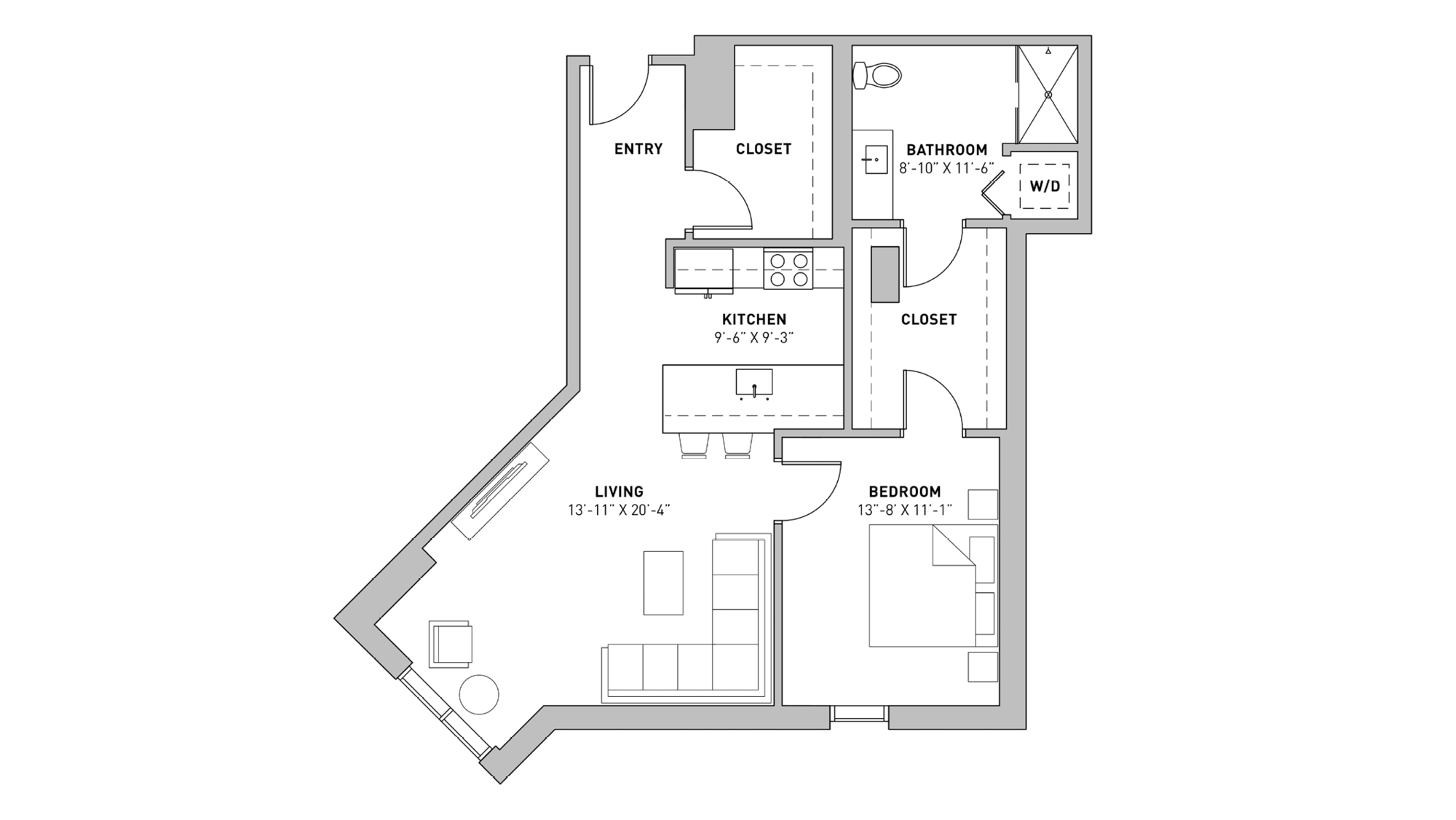 ULI The Pressman 215 - One Bedroom, One Bathroom Floor Plan 