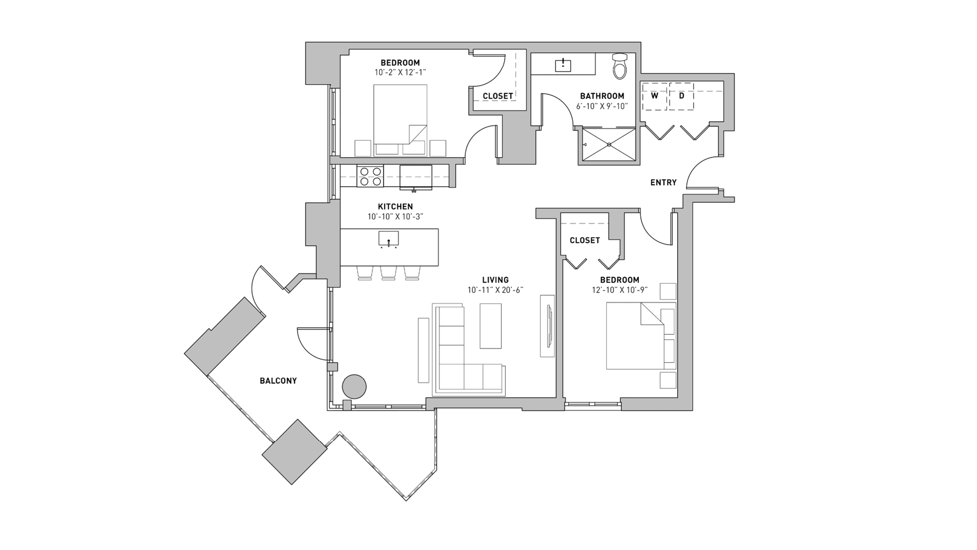 ULI The Pressman 312 - Two Bedroom, One Bathroom Floor Plan 