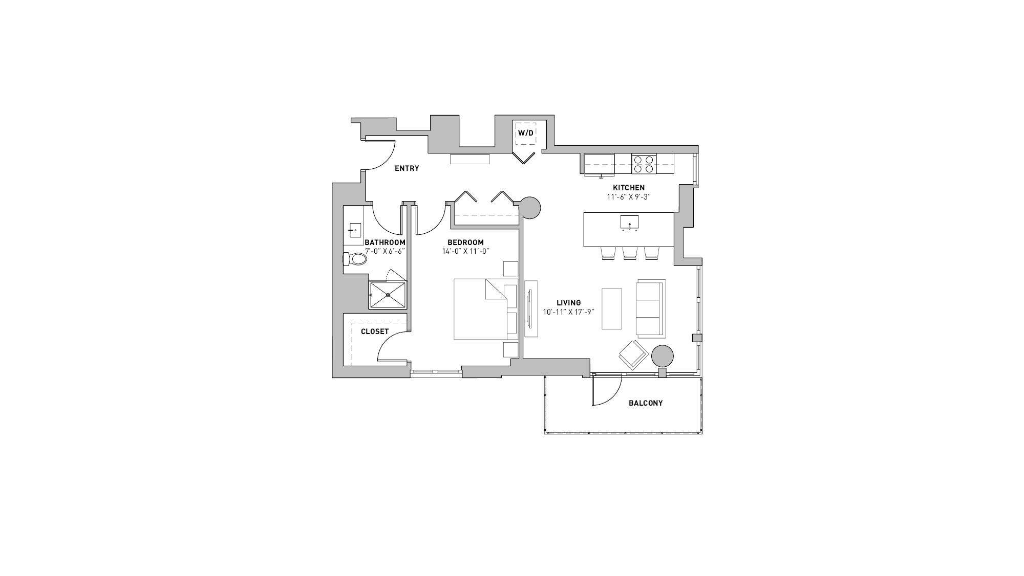 ULI The Pressman 513 - One Bedroom, One Bathroom Floor Plan 