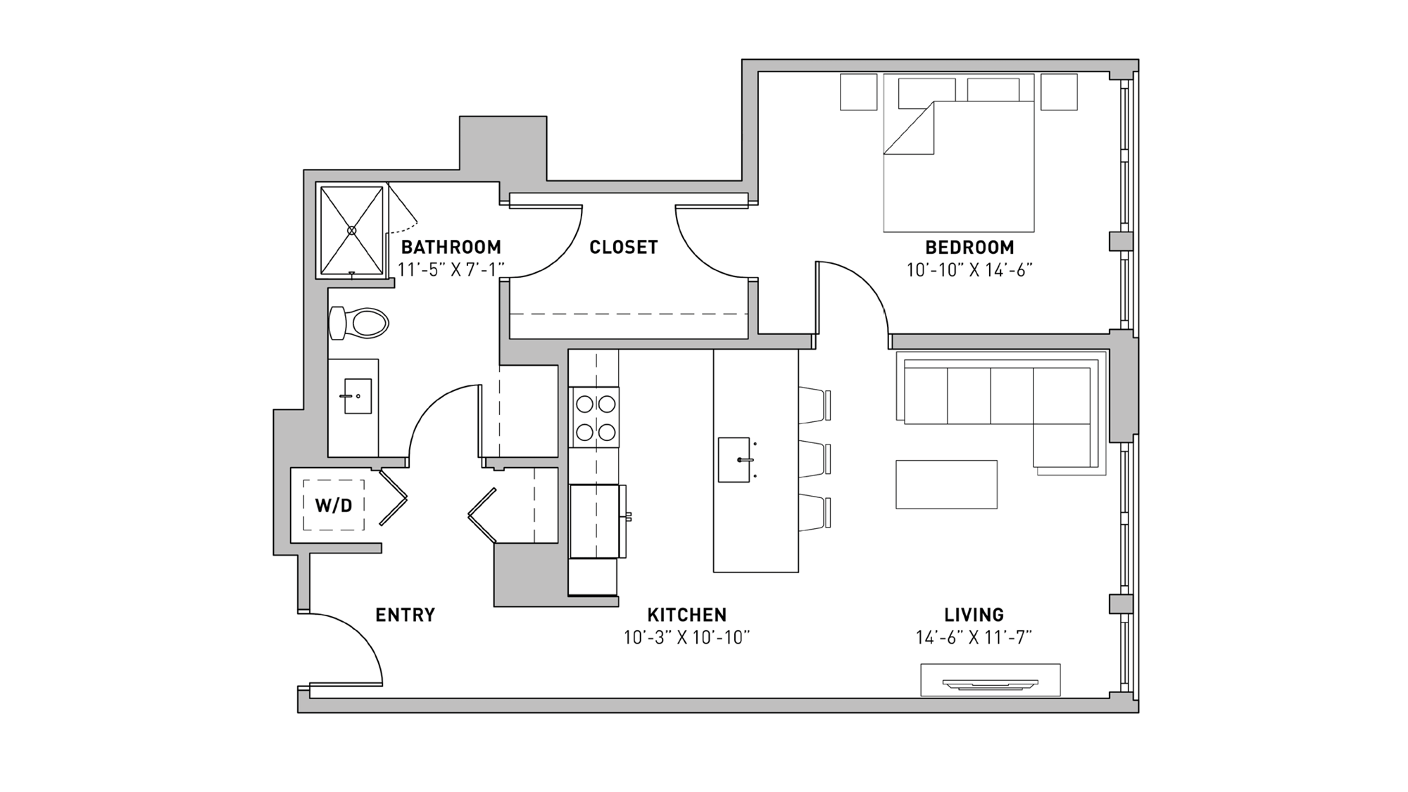 ULI The Pressman 609 - One Bedroom, One Bathroom Floor Plan 