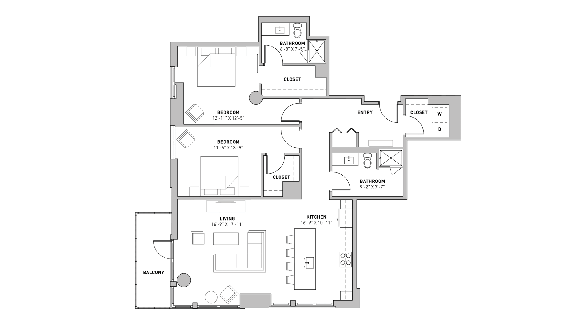 ULI The Pressman 902 - Two Bedroom, Two Bathroom Floor Plan 