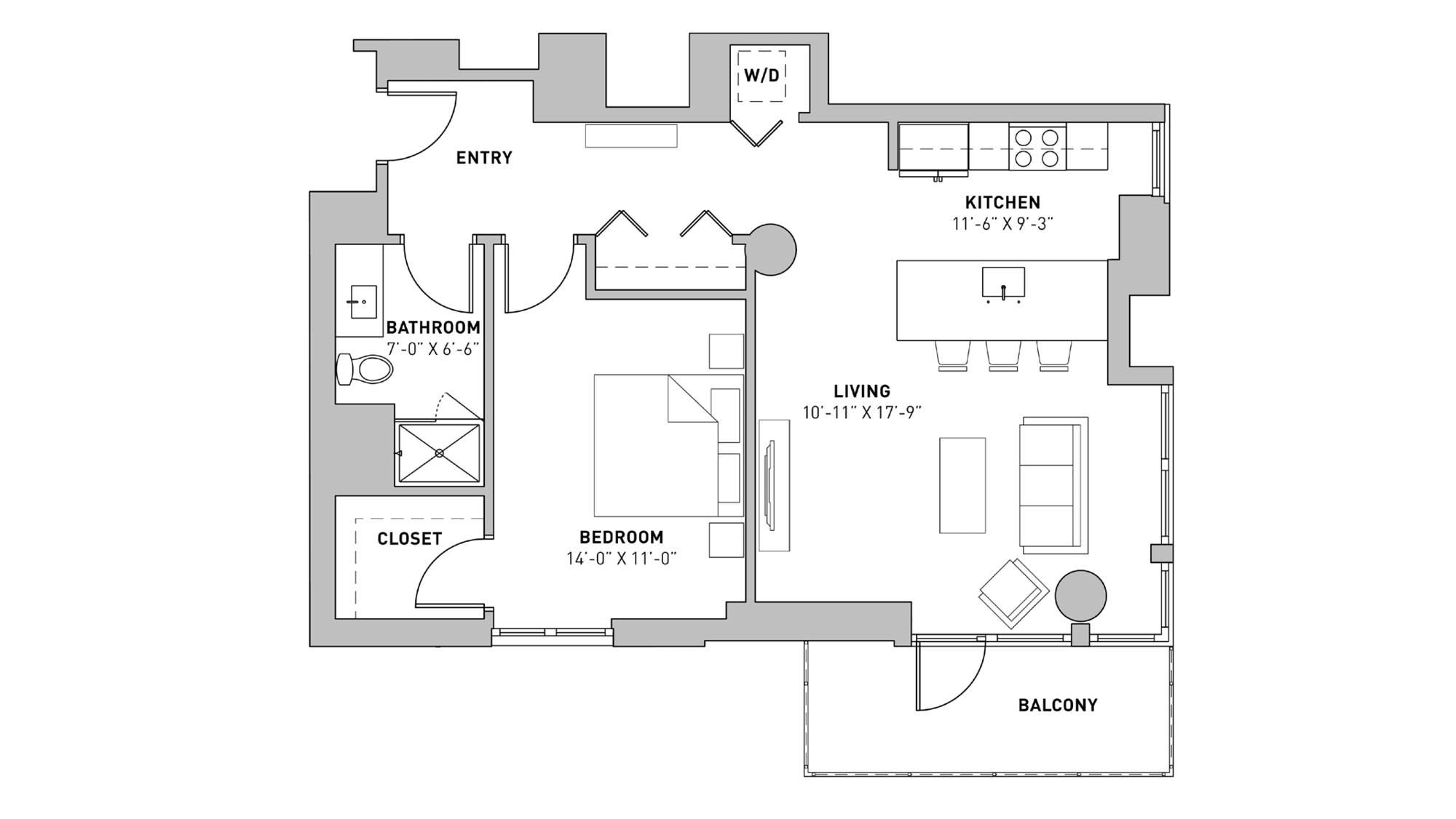 ULI The Pressman 913 - One Bedroom, One Bathroom Floor Plan 
