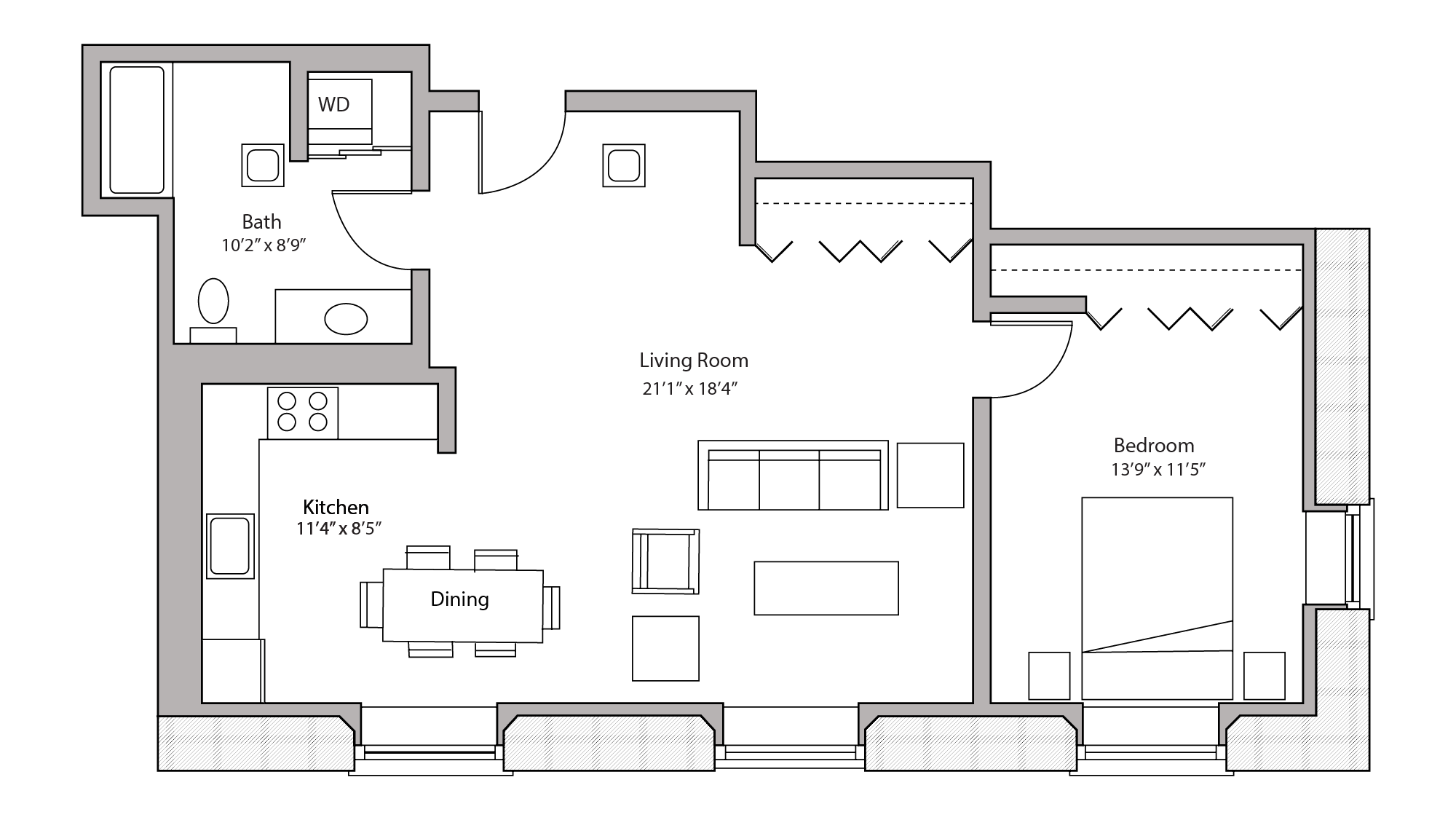 ULI Tobacco Lofts E102 - One Bedroom, One Bathroom Floor Plan 