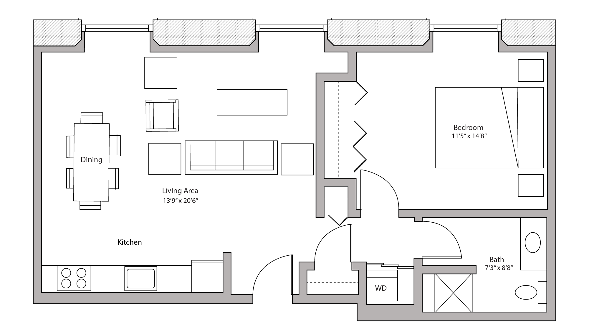 ULI Tobacco Lofts E103 - One Bedroom, One Bathroom Floor Plan 