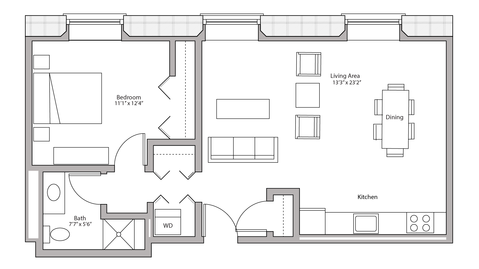ULI Tobacco Lofts E105 - One Bedroom, ONE Bathroom Floor Plan 
