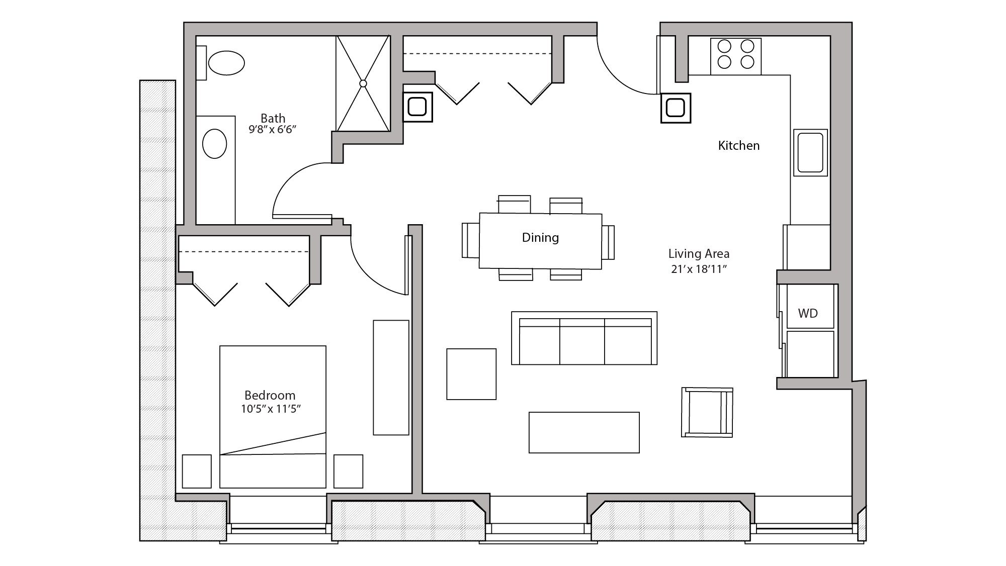 ULI Tobacco Lofts E106 - One Bedroom, One Bathroom Floor Plan 