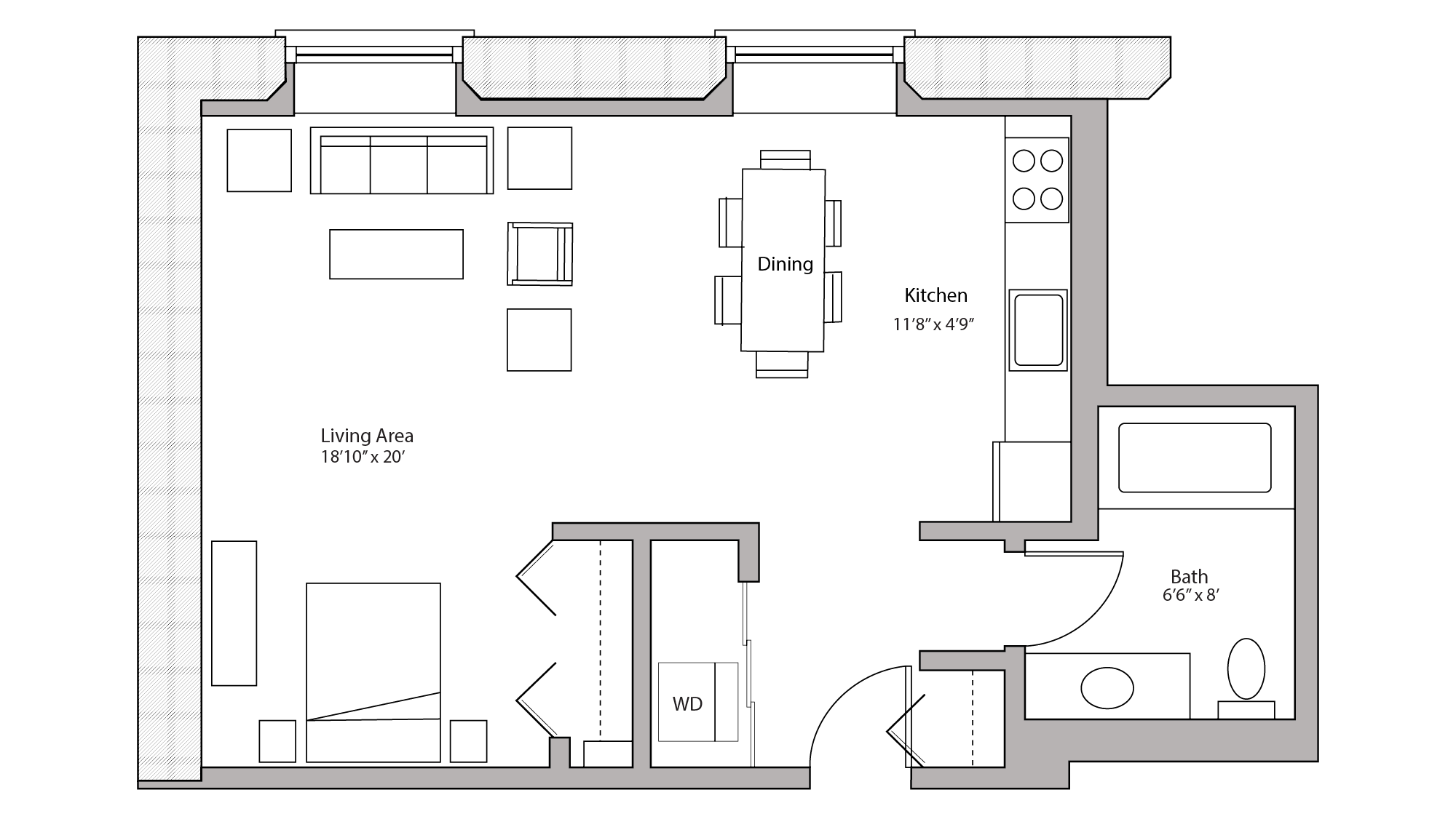 ULI Tobacco Lofts E107 - Studio, One Bathroom Floor Plan 