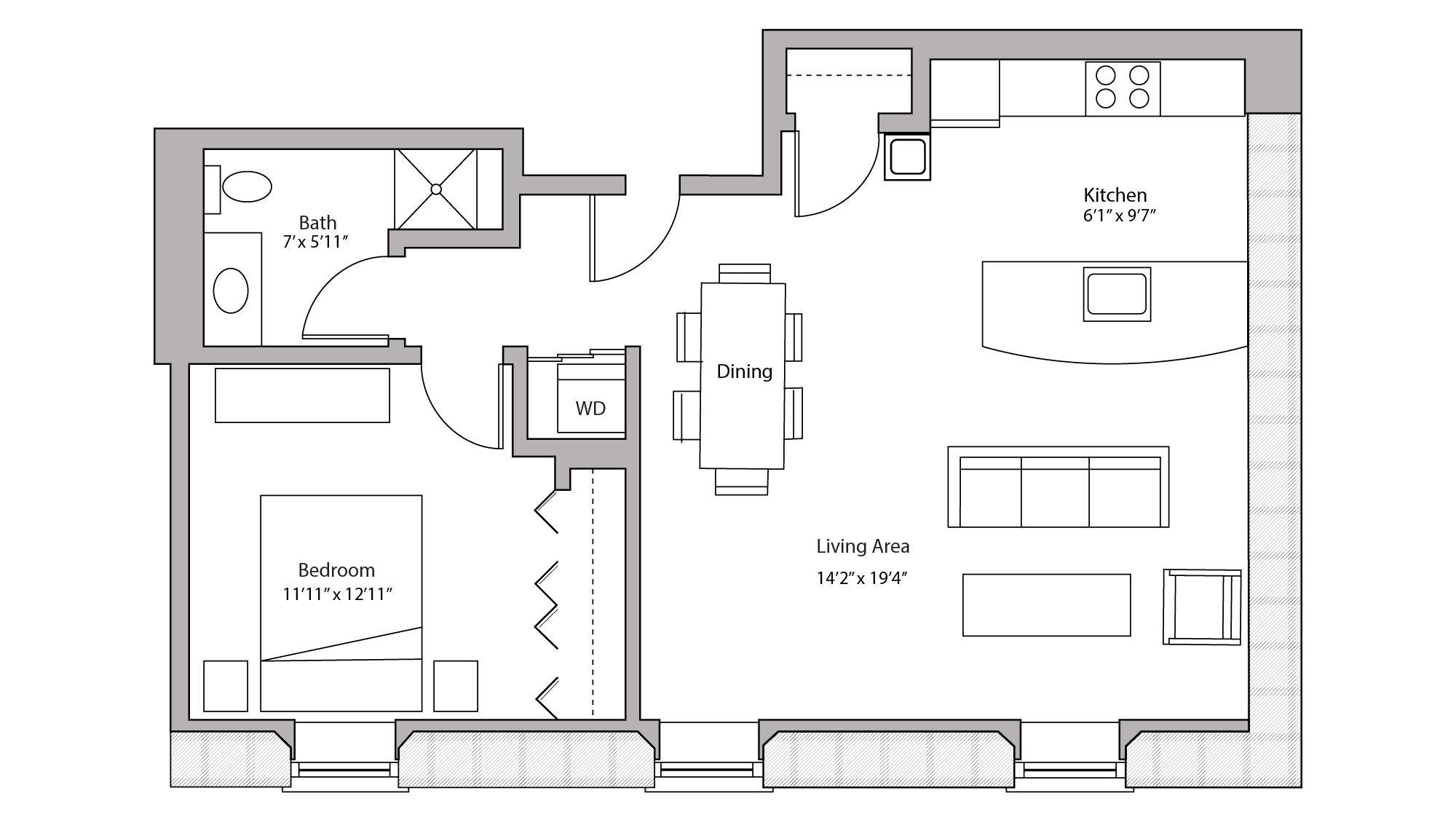 ULI Tobacco Lofts E108 - One Bedroom, One Bathroom Floor Plan 