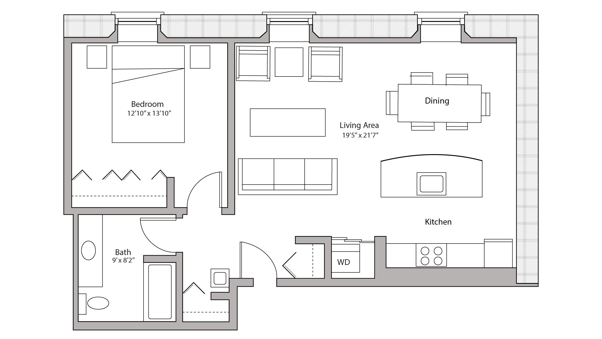ULI Tobacco Lofts E109 - One Bedroom, One Bathroom Floor Plan 