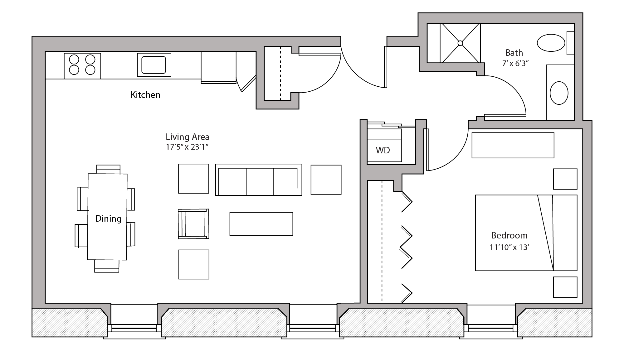 ULI Tobacco Lofts E110 - One Bedroom, One Bathroom Floor Plan 