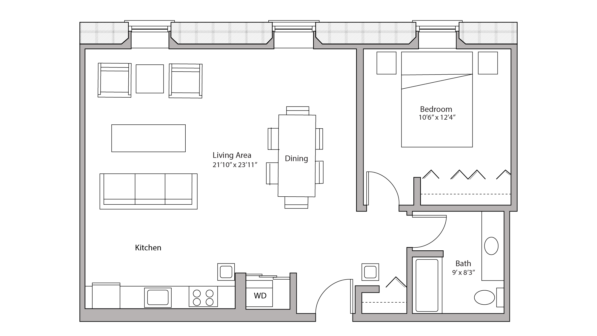 ULI Tobacco Lofts E111 - One Bedroom, One Bathroom Floor Plan 