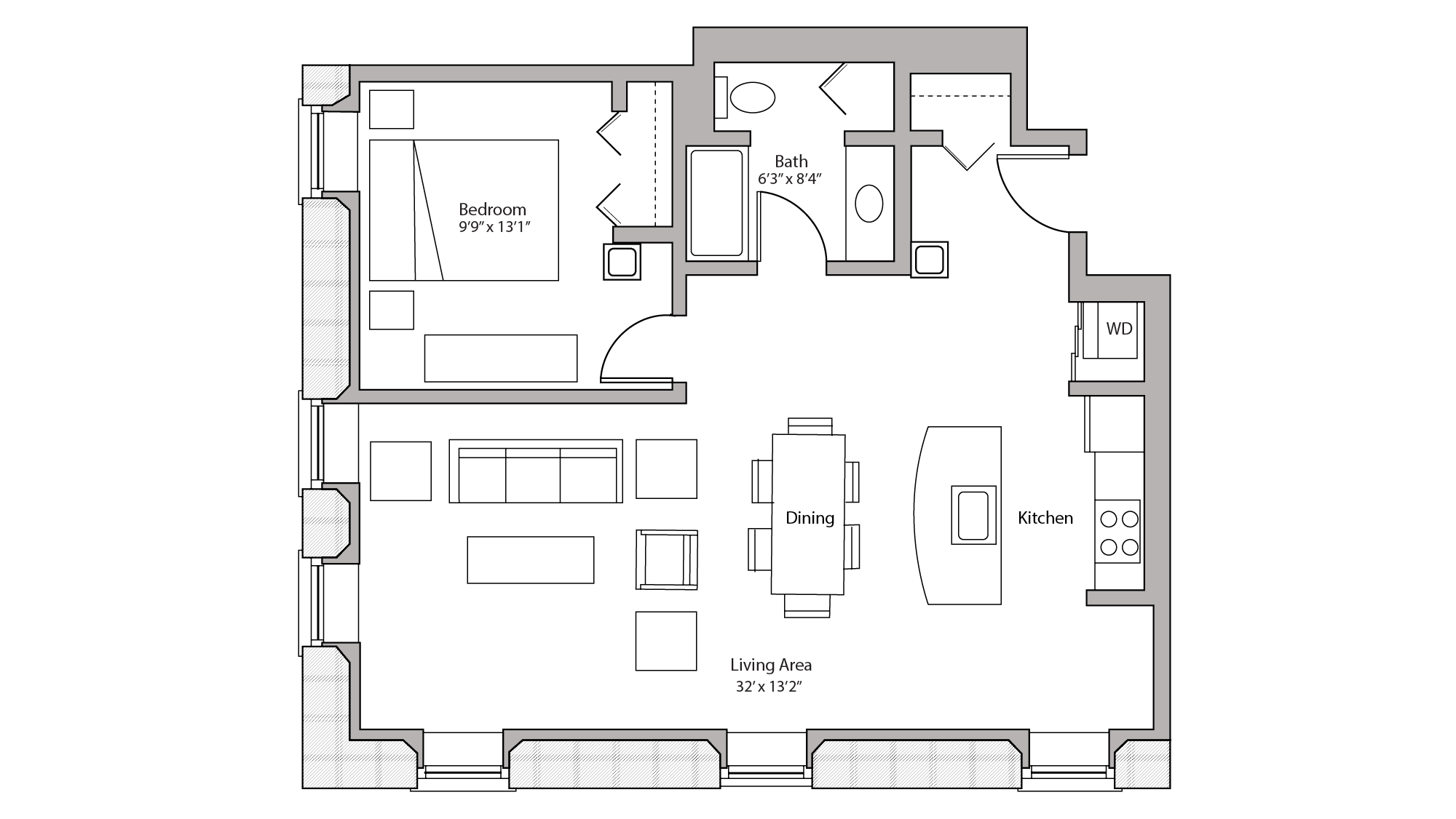 ULI Tobacco Lofts E112 - One Bedroom, One Bathroom Floor Plan 