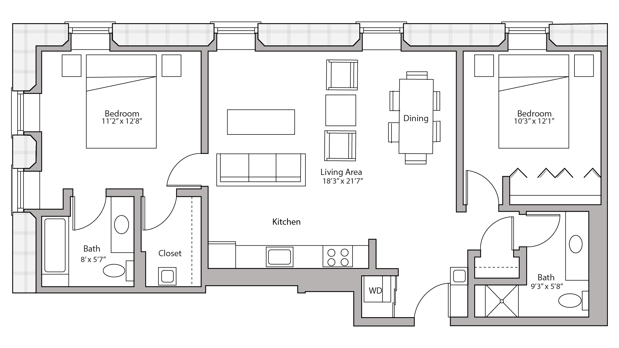 ULI Tobacco Lofts E113 - Two Bedroom, One Bathroom Floor Plan 